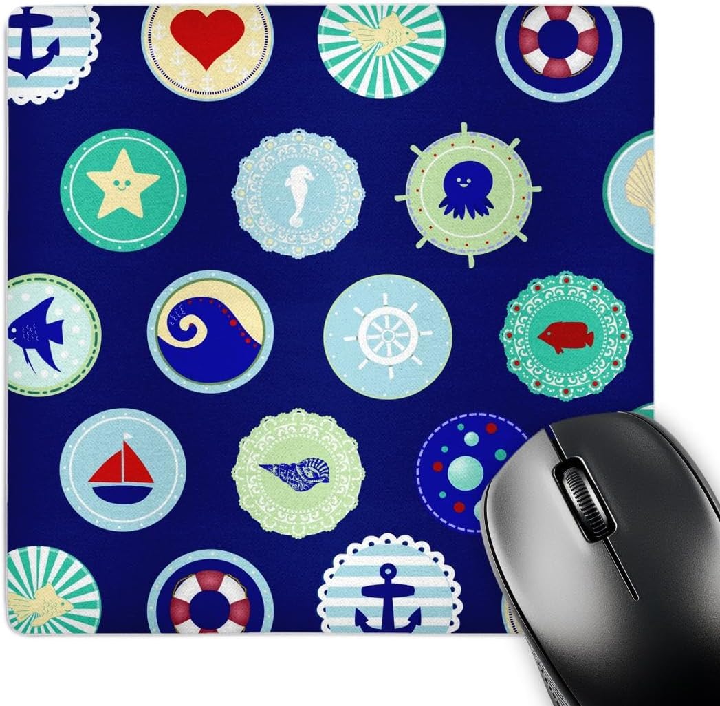 3dRose 8 X 8 X 0.25 Sea Blue Nautical Decor Pattern Sailor Ocean Theme With Boat Fish Anchors And Aquatic Marine Life Mouse Pad (mp_112983_1)