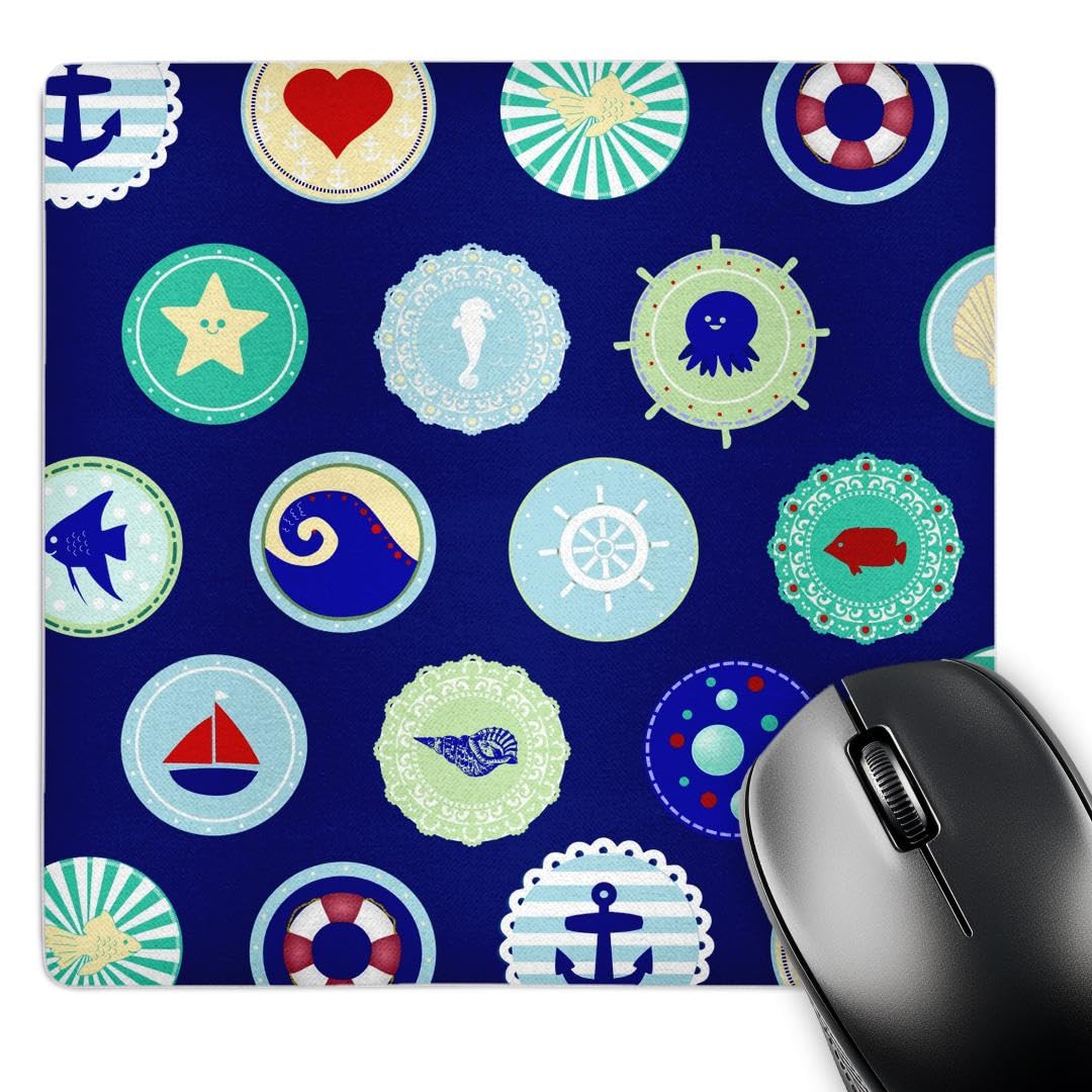 3dRose 8 X 8 X 0.25 Sea Blue Nautical Decor Pattern Sailor Ocean Theme With Boat Fish Anchors And Aquatic Marine Life Mouse Pad (mp_112983_1)