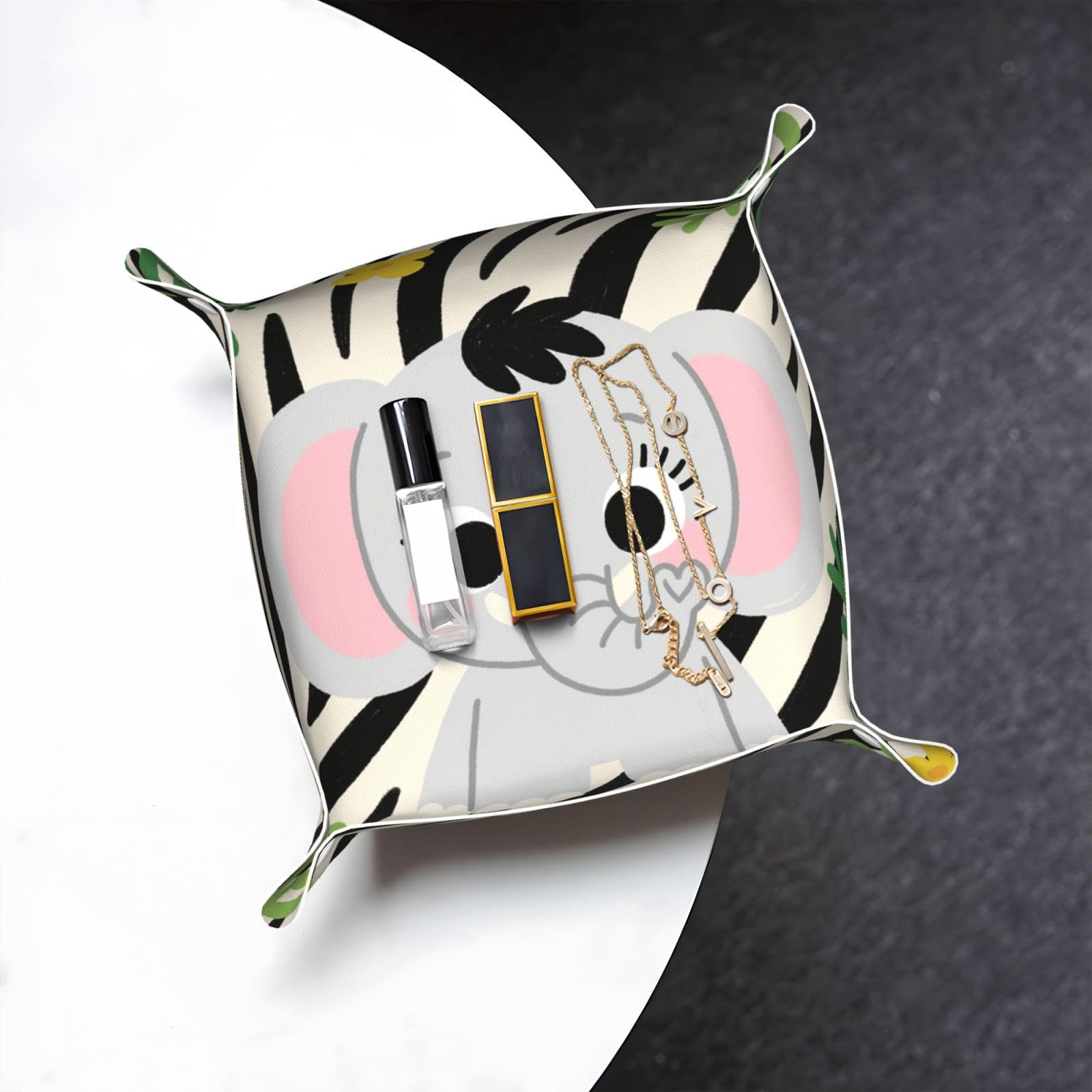 Cute Elephants Valet Tray Organizer Pu Leather Travel Catchall Tray Organizer Portable Jewelry Tray Storage Keys Tray for Entryway Table Coins Watches Candy