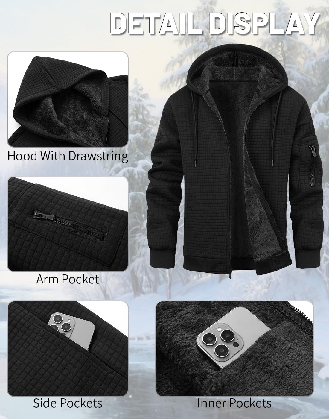 Mens Zip Up Hoodie Sherpa Lined Sweatshirt Heavyweight Fleece Full-Zip Winter Warm Jackets - Image 6
