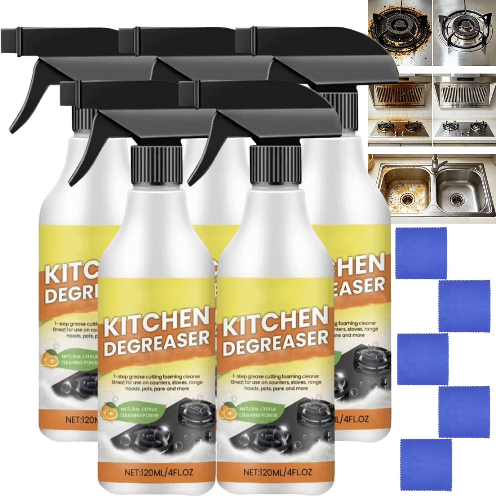 Lemon Fresh Scent Kitchen Degreaser Foam Cleaner Spray - Kitchen FoamCleaner & Dégraissant, bez spłukiwania wielopowierzchniowy środek do czyszczenia piany, usuwa tłuszcz, zmatowienie, olej (5 szt)