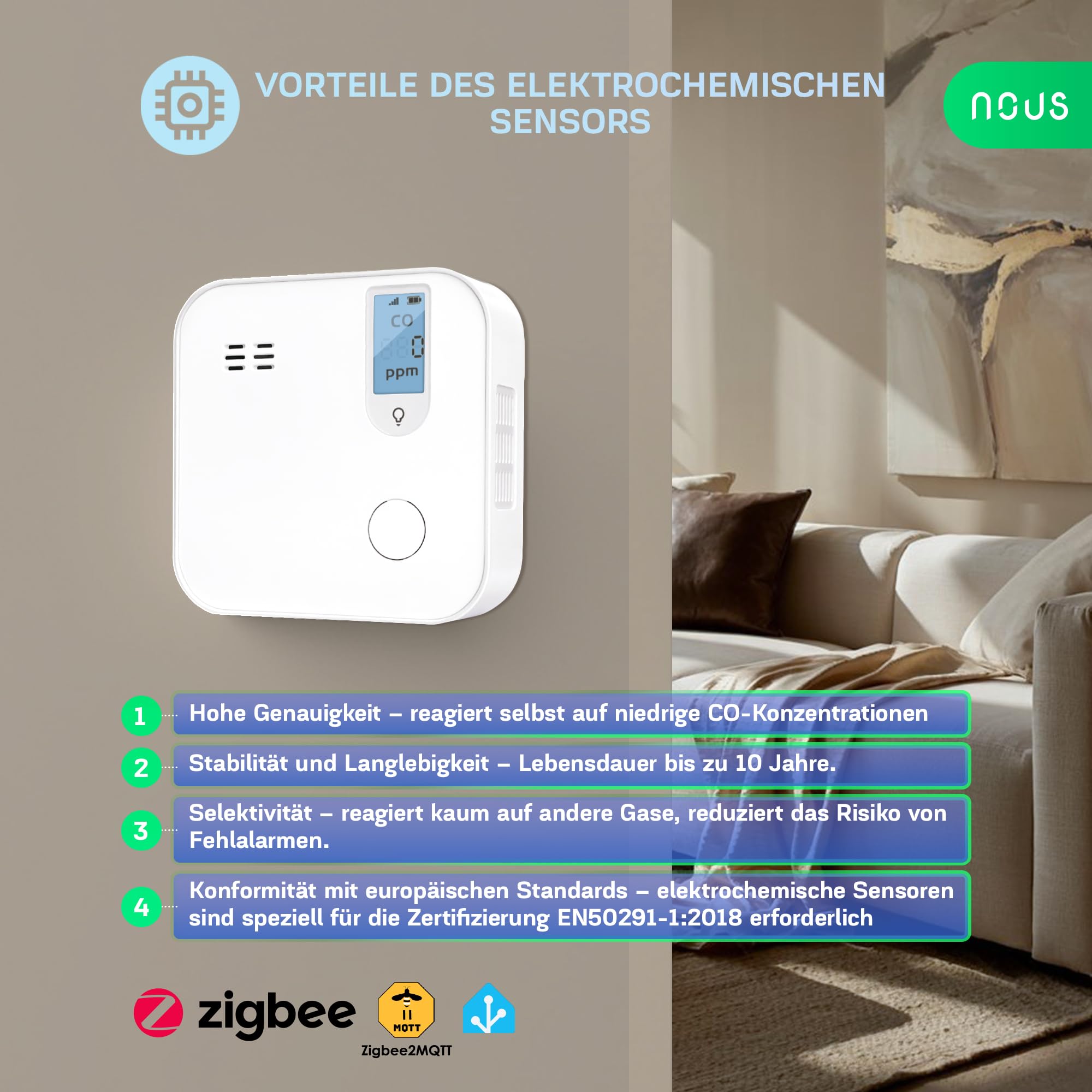 NOUS E12 ZigBee Kohlenmonoxidmelder mit LCD-Anzeige, 85 dB Alarm, App-Benachrichtigung, 10 Jahre Sensordauer, kompatibel mit Alexa & Google Home
