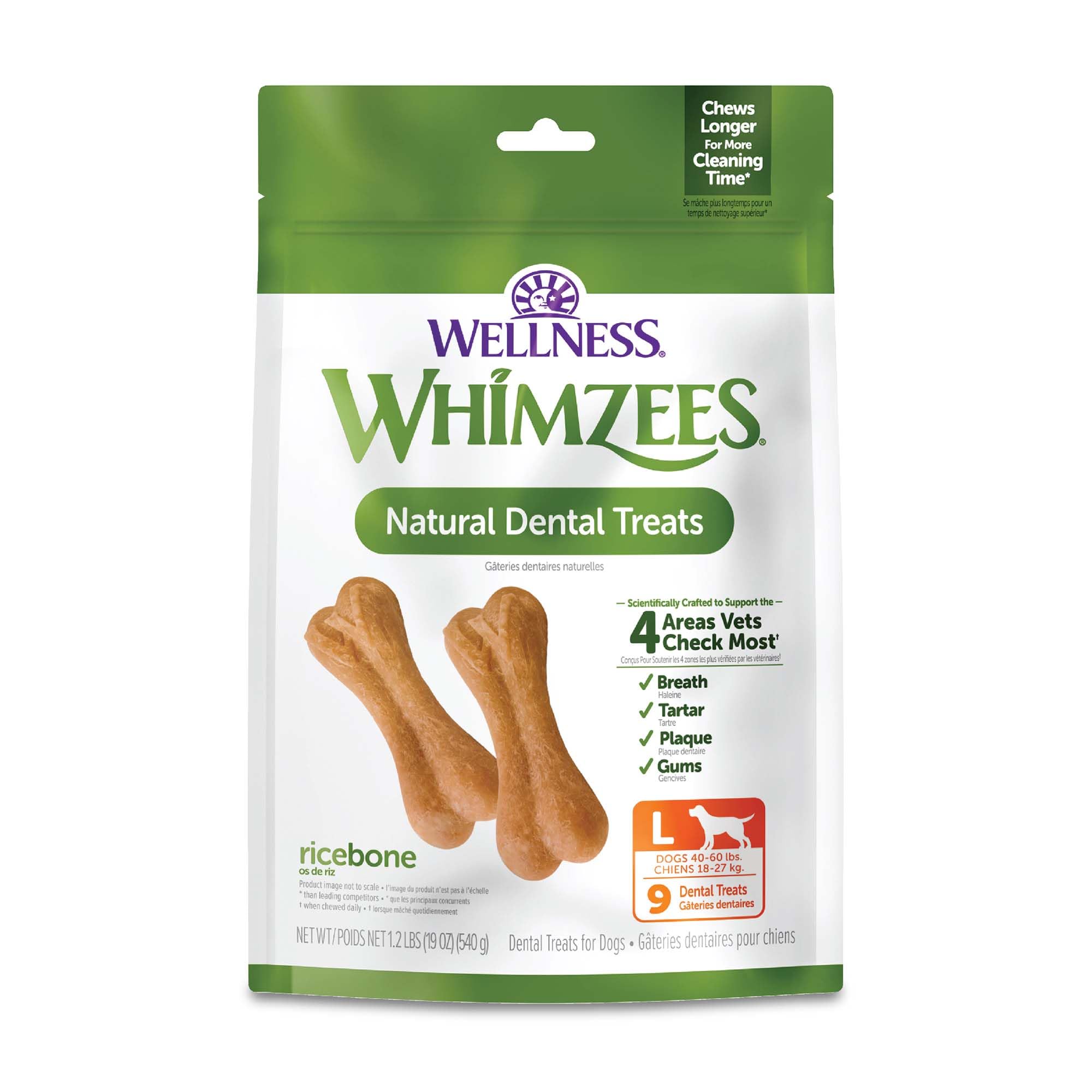Wellness Ricebone Dog Dental Treats, Natural Chews, Large Size, (9 Count)