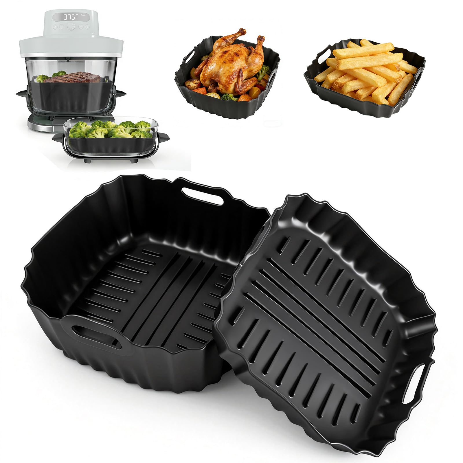 VINATO Set of 2 Silicone Baking Trays for Air Fryer, Grease Degreaser Design, Compatible with Ninja Crispi Pro AS101 and Other Air Models