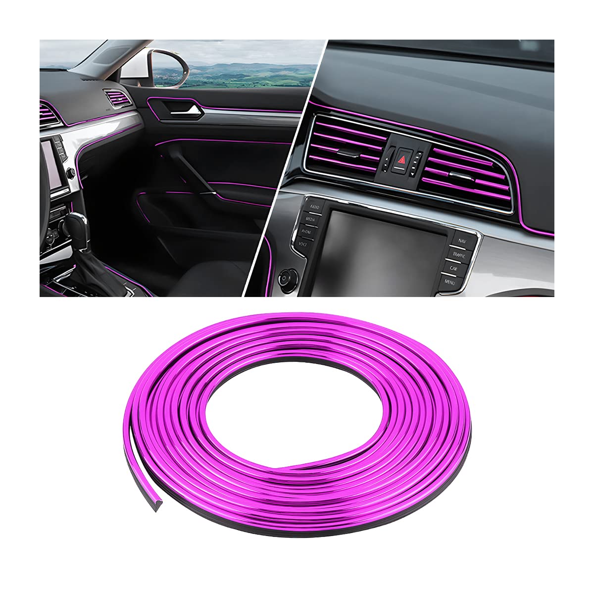 AUCELI Car Interior Trim Strips, 33ft Auto Electroplating Decoration Styling Door Dashboard, Non Slip Gap Fillers Insert Moulding Trim, Flexible Strip Garnish Accessory with Installing Tool (Purple)