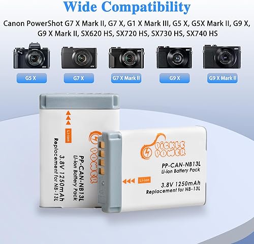 Miniatura 2 de Pickle Power Paquete de 2 baterías NB-13L y cargador dual LED para Canon PowerShot SX740 HS, G7 X Mark II, G7 X, G1 X Mark III, G5 X, G9 X, G9 X