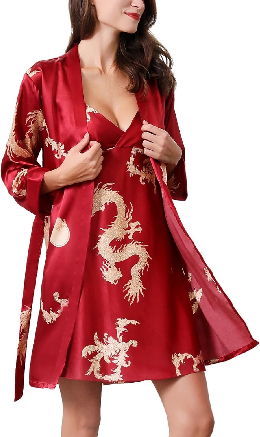 Lu's Chic Women's Nightgown Short Silk Pajama Set Cami Robes Dress Dragon 2 Pieces Loungewear