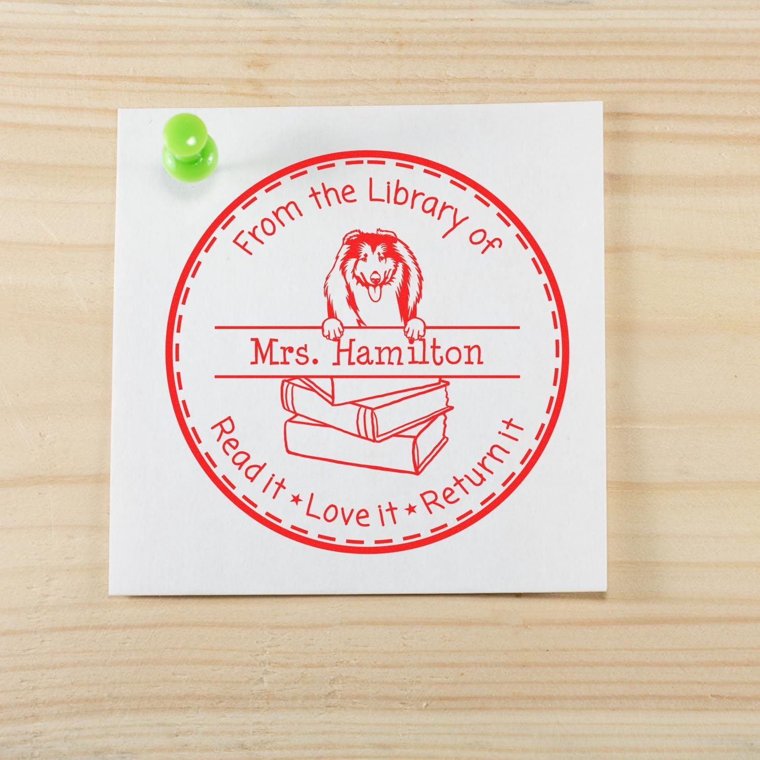 Round Collies Peeking Dog Personalized Teacher Library Rubber Stamp, Collies Library Book Stamp, Personalized Gift, Custom Made, Size 1-5/8"