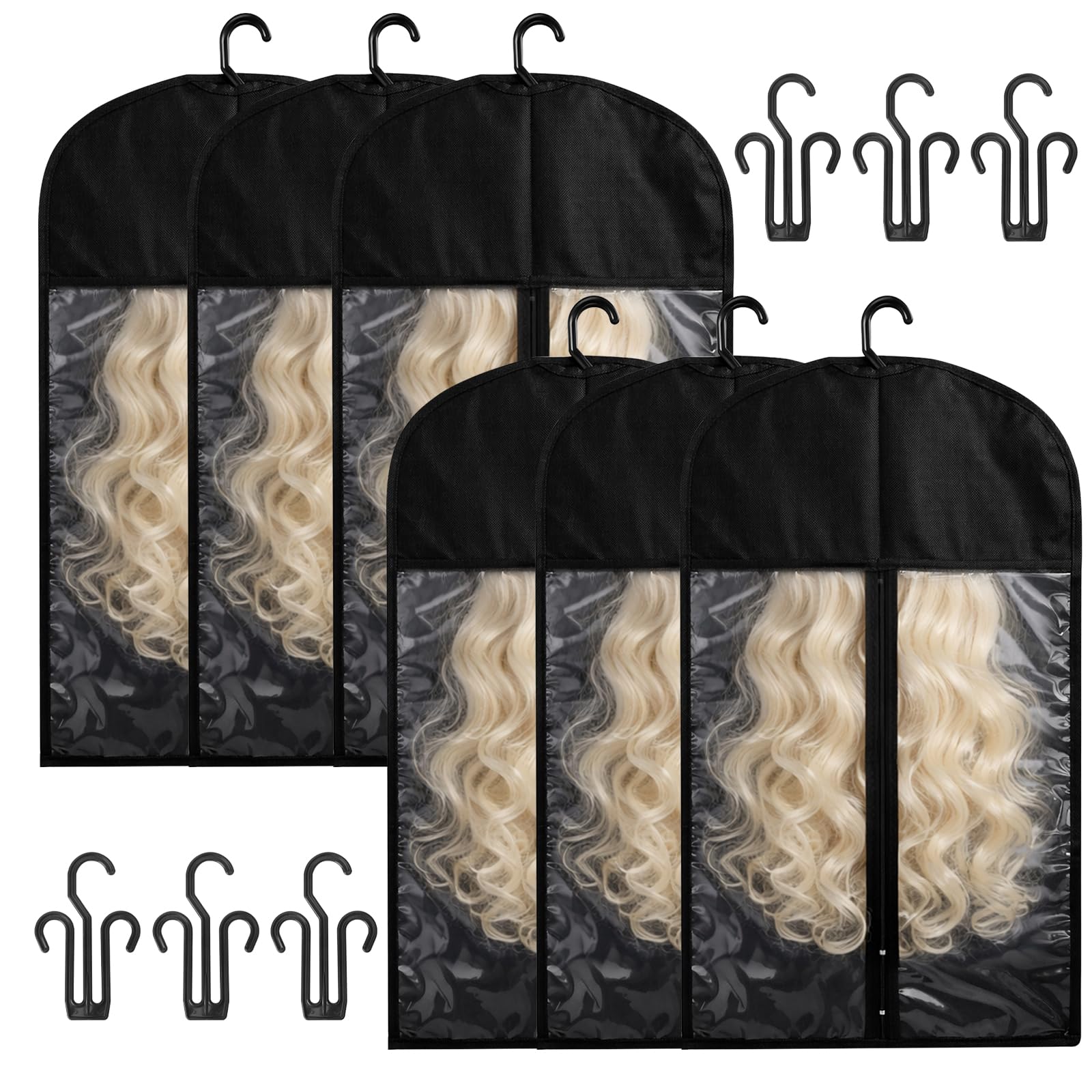 Set 6 Custodie Porta Parrucche, Sacco Parrucca Antipolvere con Gruccia, Protezione Extension Capelli, Porta Parrucche per Armadio e Viaggio, Nero 29×60cm