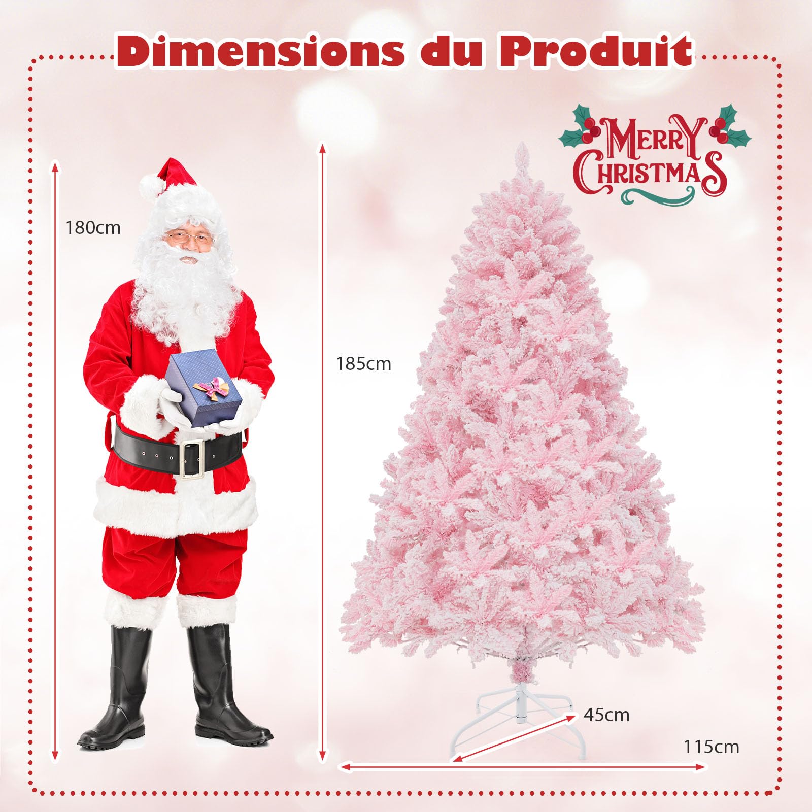 GYMAX Sapin De Noël H180cm Rose Mince Arbre Artificielle Avec