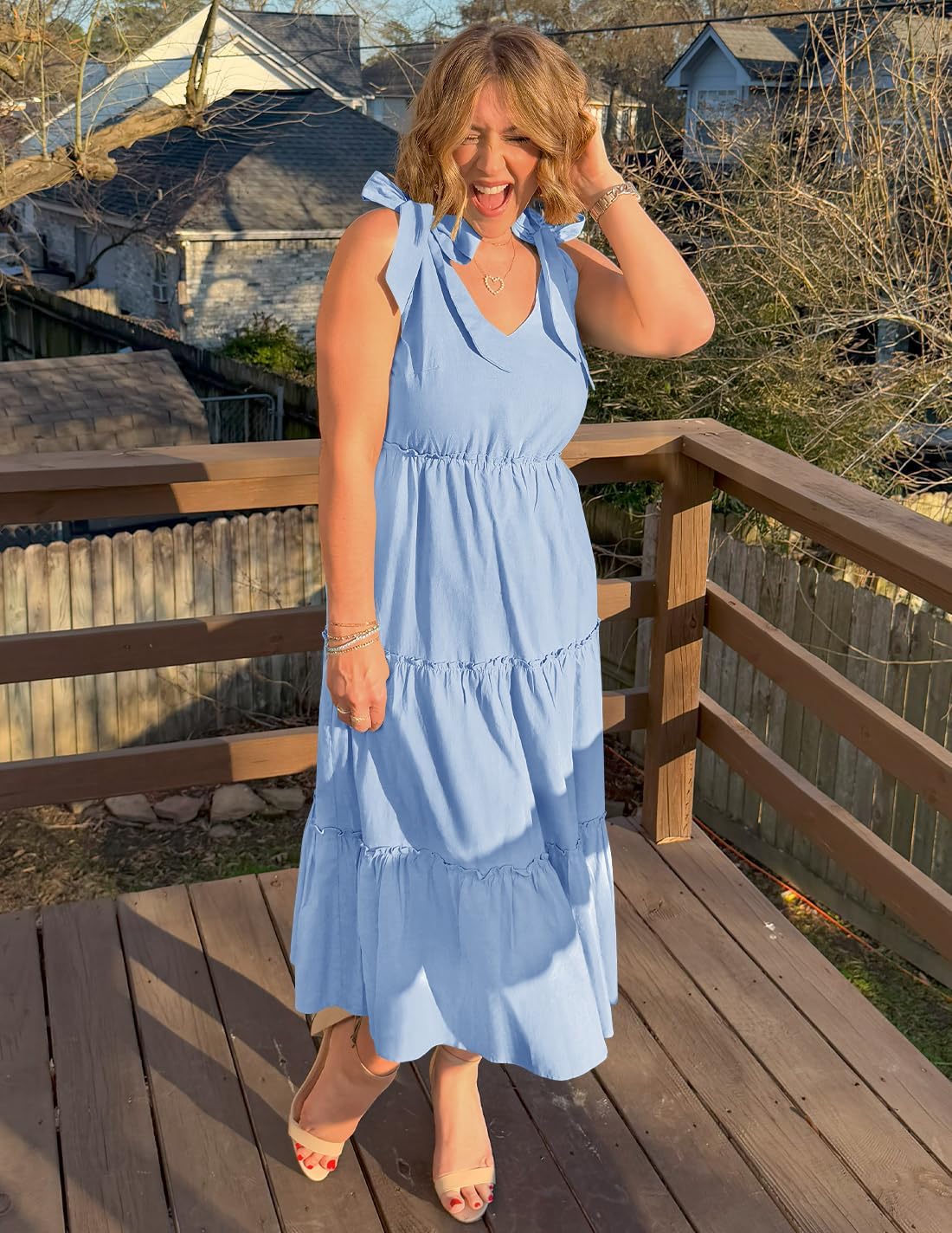 ZESICA Women's 2026 Summer Boho Sleeveless Midi Dresses Casual V Neck Spaghetti Strap Flowy A Line Tiered Beach Long Sundress - Image 5