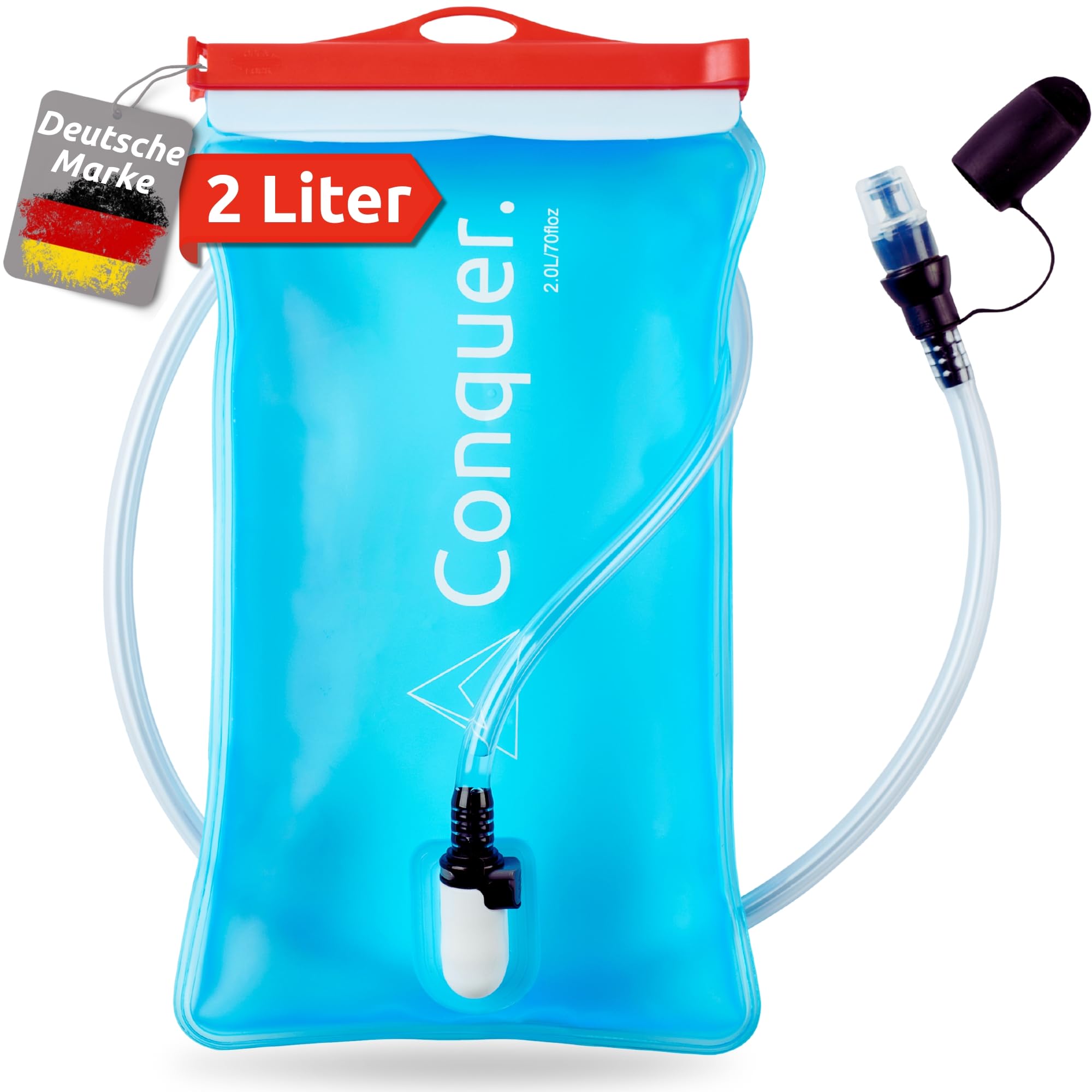 Conquer. Trinkblase 2L – BPA-freies Trinksystem mit 100cm Schlauch & Beißventil | Wasserblase für Rucksack, Laufweste & Trailrunning Rucksack | Hydration Pack 2 Liter