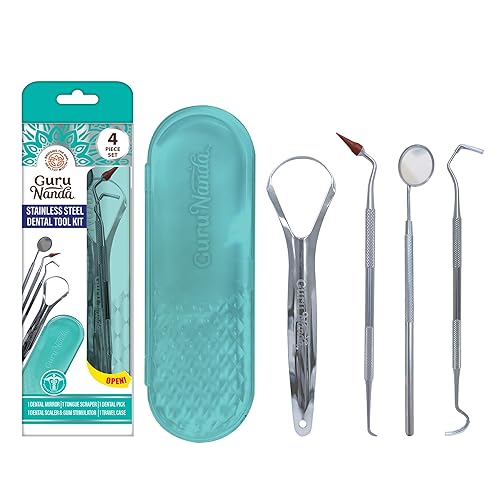 GuruNanda Kit dental profesional 100% acero inoxidable con raspador de lengua, espejo dental, raspador dental y estimulador de encías, juego de