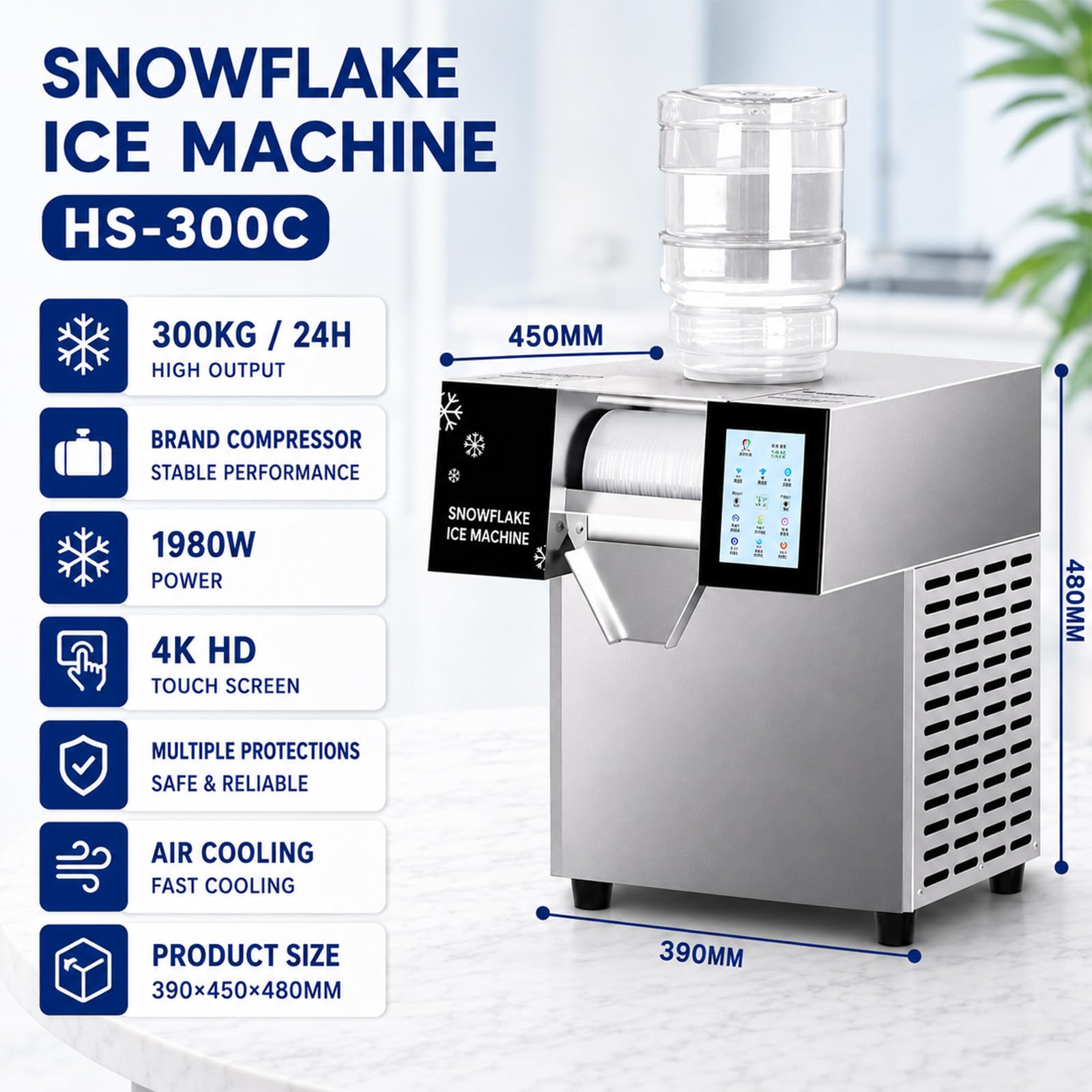 Gewerbliche Flockeneismaschine, 180–400 Kg/24 H Schabeeismaschine, 3S Schnellkühlung, Edelstahl,Flockeneisbereiter für Desserts & Eiscreme, Geeignet für Partys Gewerblichen Einsatz HS300Kg