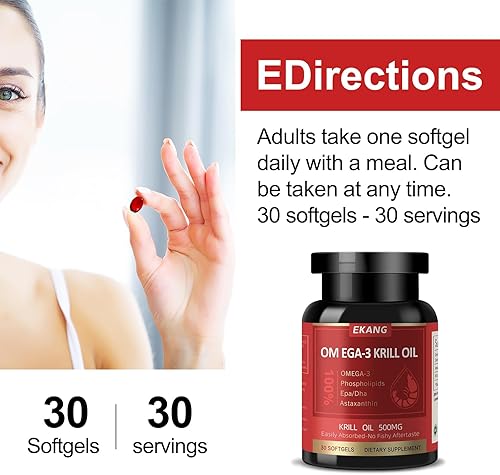 Miniatura 7 de Aceite de krill antártico  Aceite de krill omega 3 capturado en la naturaleza, 500 mg con EPA, DHA, astaxantina y fosfolípidos  Cerebro, corazón,