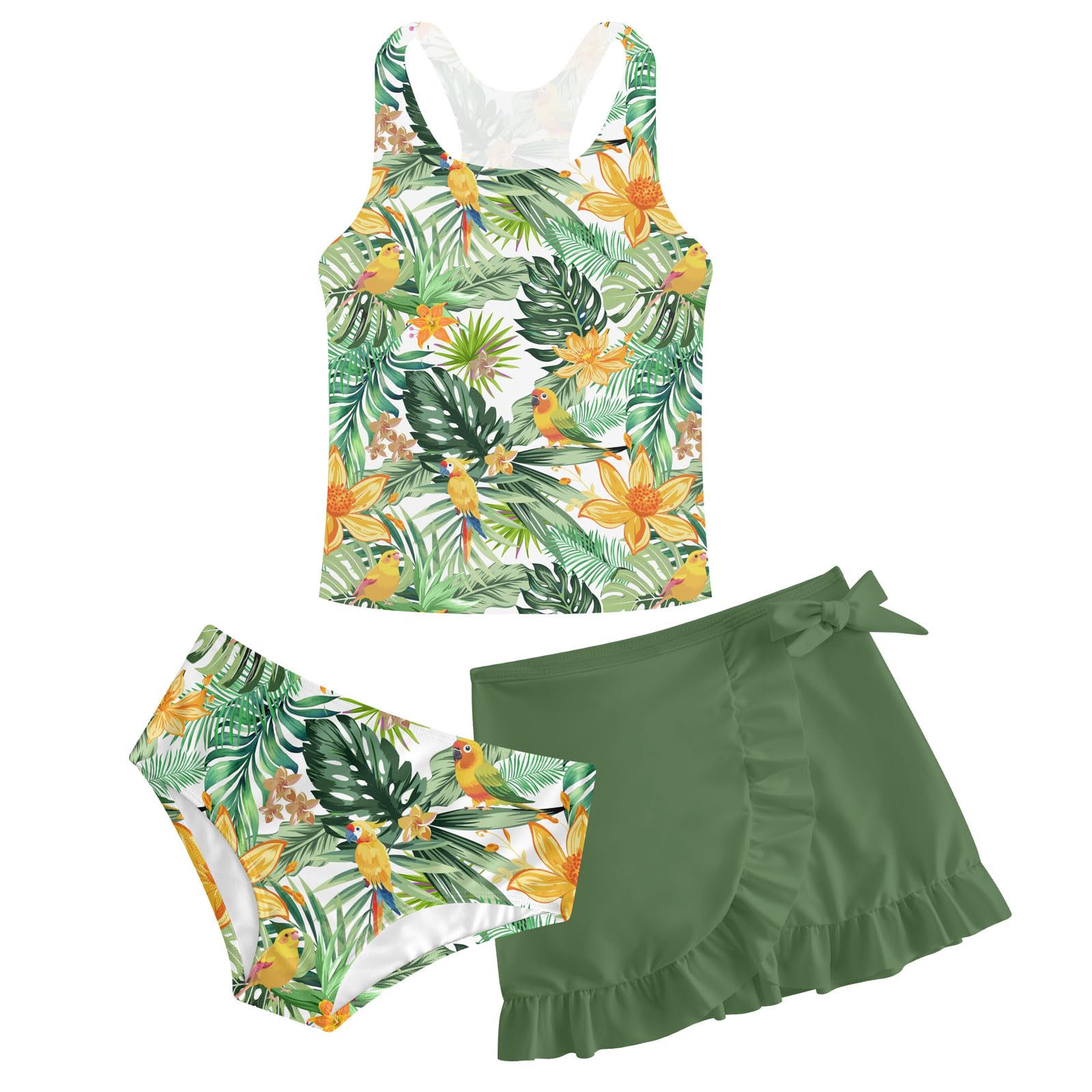 Girls Swimsuit 3 Piece Bathing Suit Quick Dry Tankini Set with Cover Up Beach Skirt Tankini Swimwear 5-16 Years