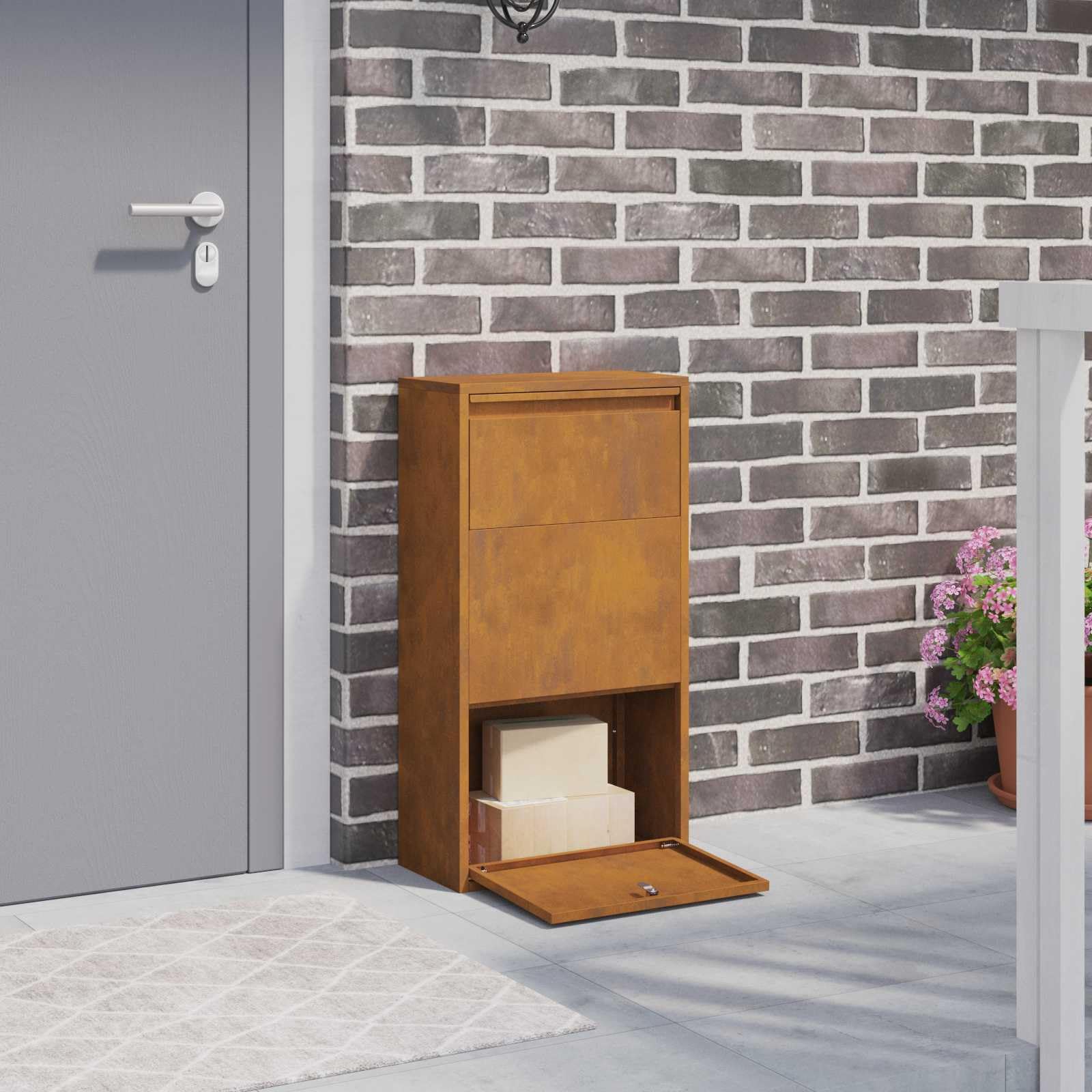 vidaXL Caja de Entrega de Paquetes con Puerta Oxidado 44 x 22 x 82 cm, Jardín y terraza, buzón Moderno, Resistente a la Intemperie, Elegante Almacenamiento de Paquetes