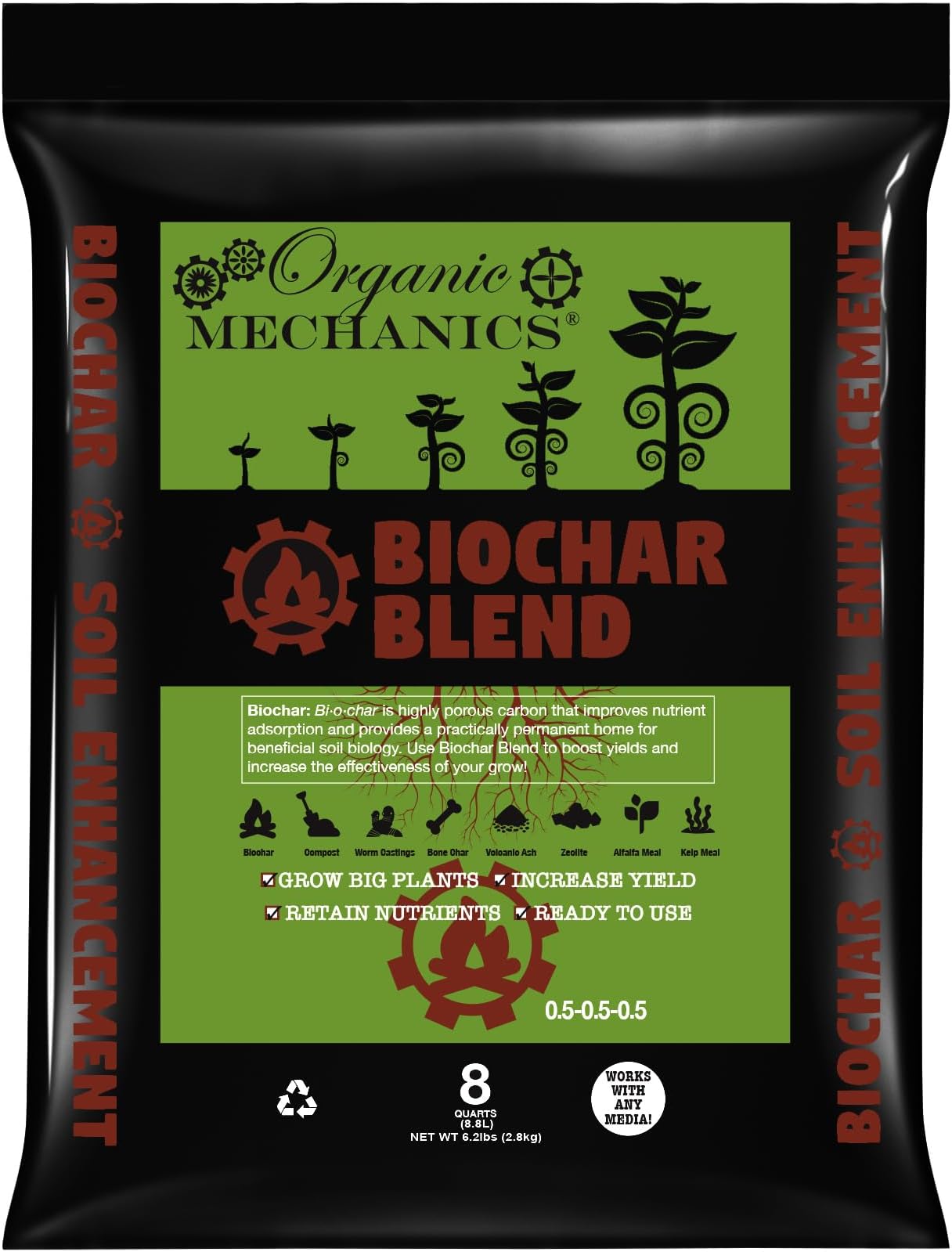 Organic Mechanics Biochar Blend Soil Amendment, 8 qt – Lifetime Amendment with Biochar, Compost, Worm Castings & Micronutrients for Bigger Plants, Higher Yields, and Healthier Soil