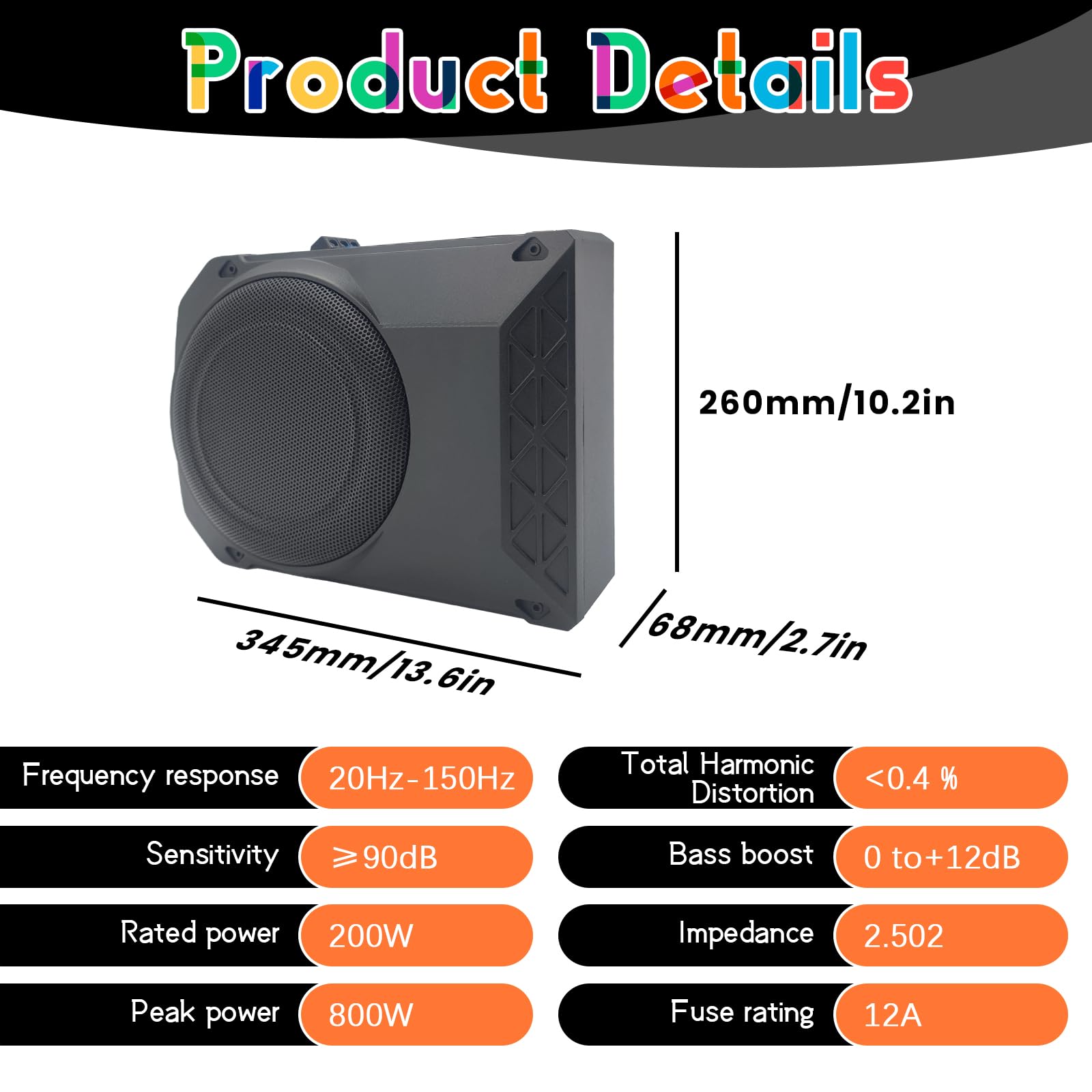 Caisson de Basses Actif amplifié 10 Pouces (800 W) — Caisson Clos Haute Performance avec télécommande, pour Voitures, camions et Camping-Cars — Plage de fréquences : 20 Hz – 150 Hz