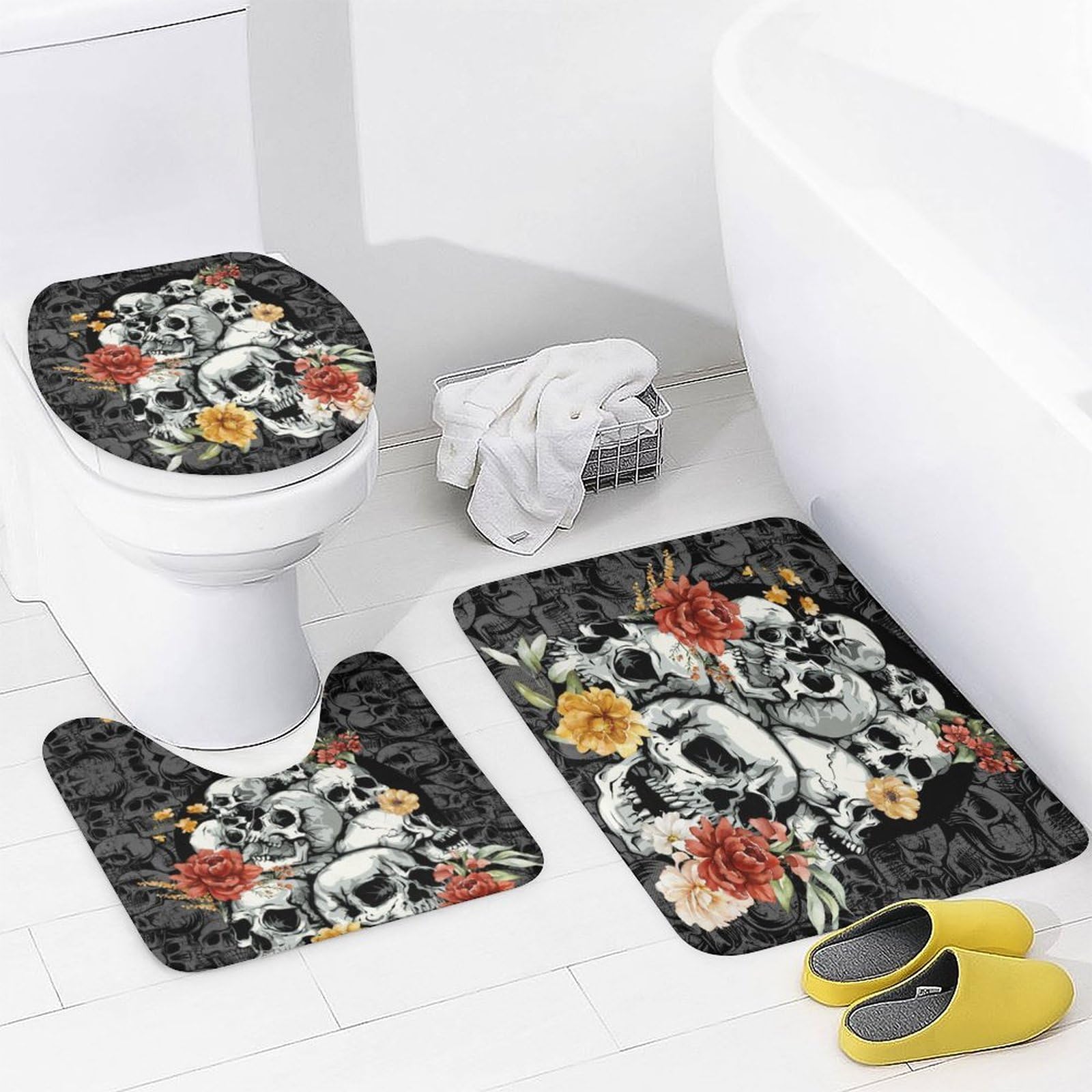 COALHO Juego de 4 cortinas de ducha impermeables con diseño de calavera de rosas rojas, fantasía, abstracto, gótico, esqueleto, con cubierta de inodoro impermeable, alfombra de ducha, 183 x 183 cm