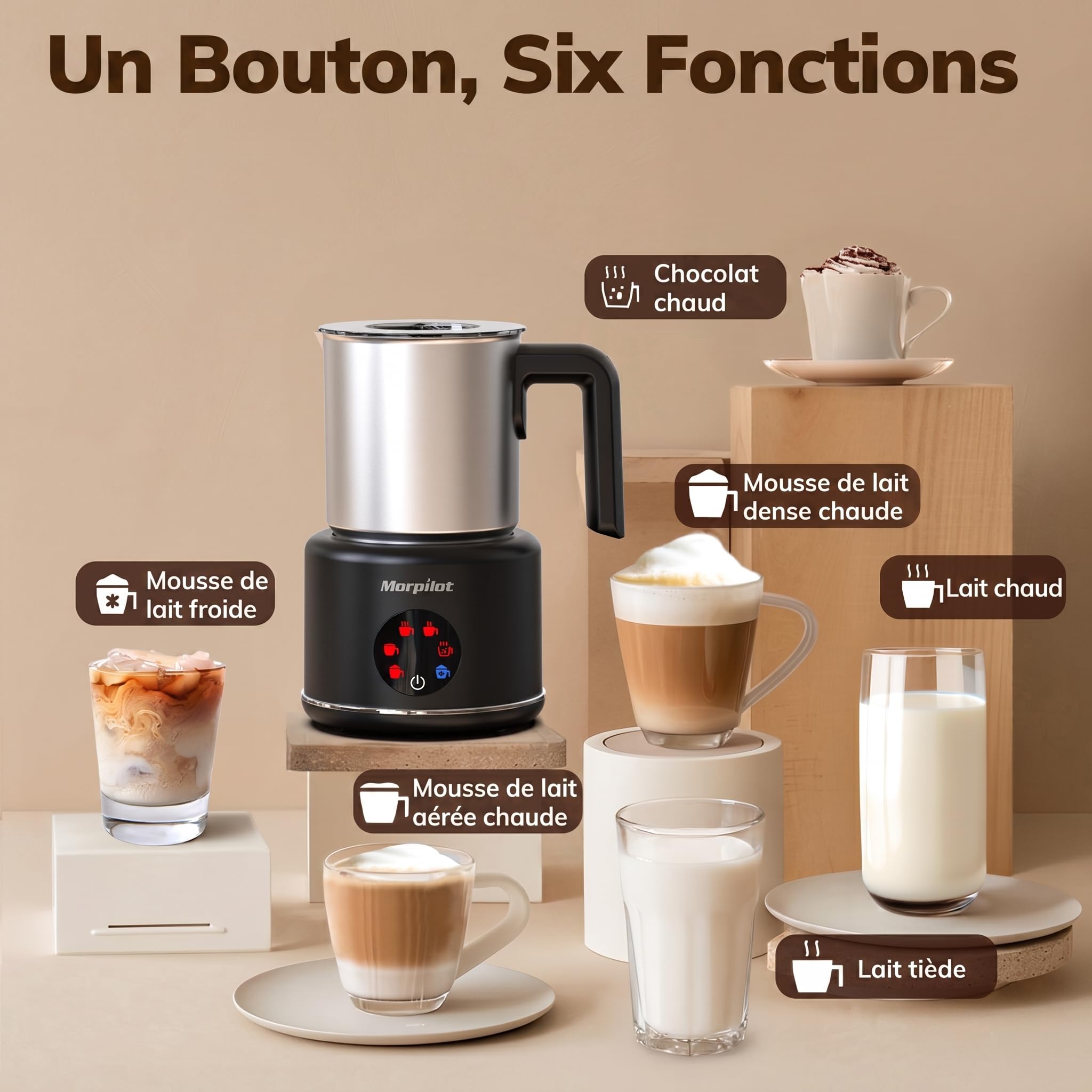 Morpilot Mousseur à Lait Électrique 6 en 1, 500ml 600W à Mousse Chaude Froide, Cacao, Lave-vaisselle Emulsionneur de Lait Divisé en Acier Inoxydable pour Cappuccino Macchiato Latte