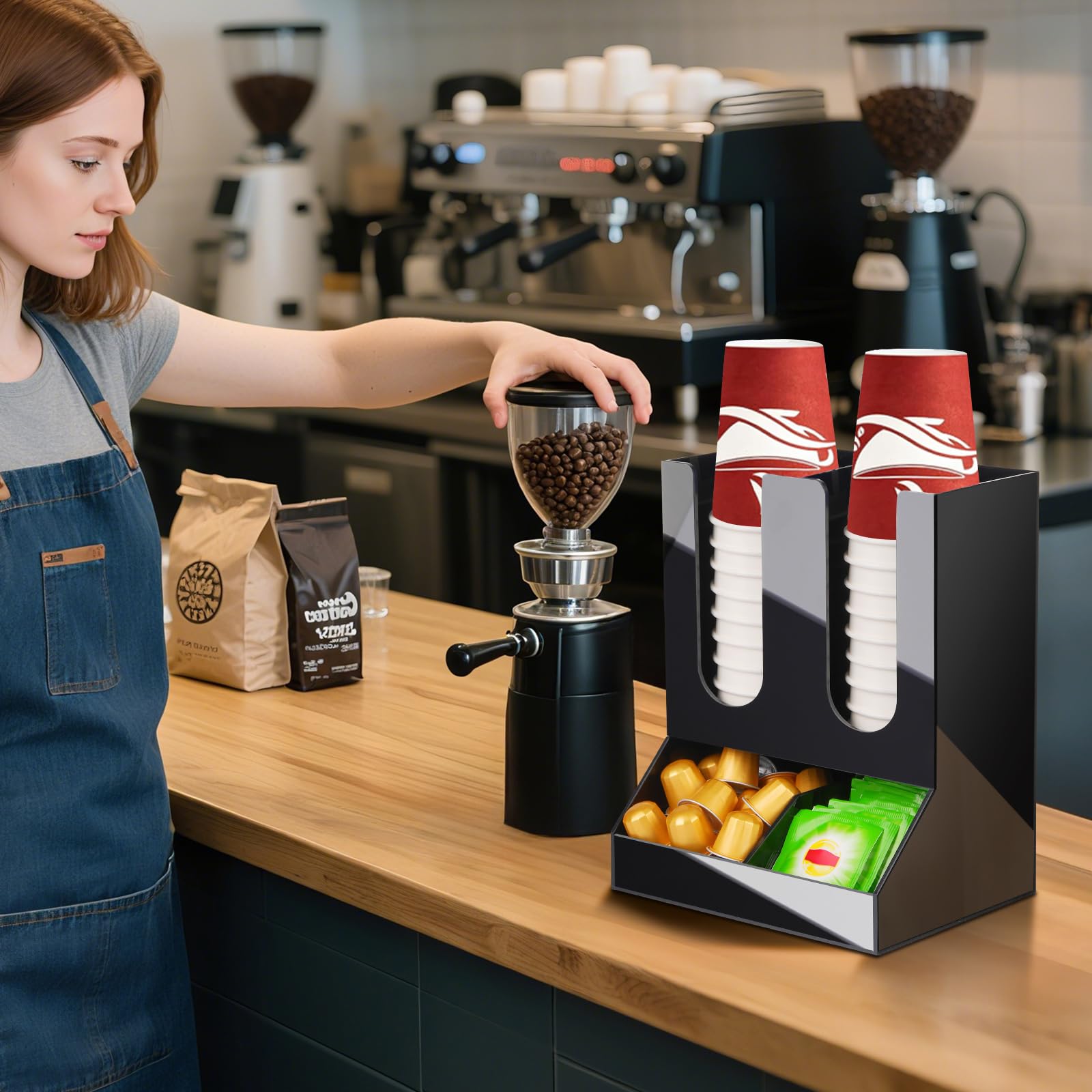 MYITYARD Porta tazze da caffè per piano di lavoro, dispenser per tazze e coperchio, con 4 scomparti, organizer per stazioni di caffè, accessori per bar, per casa, cucina, ufficio e sala pausa