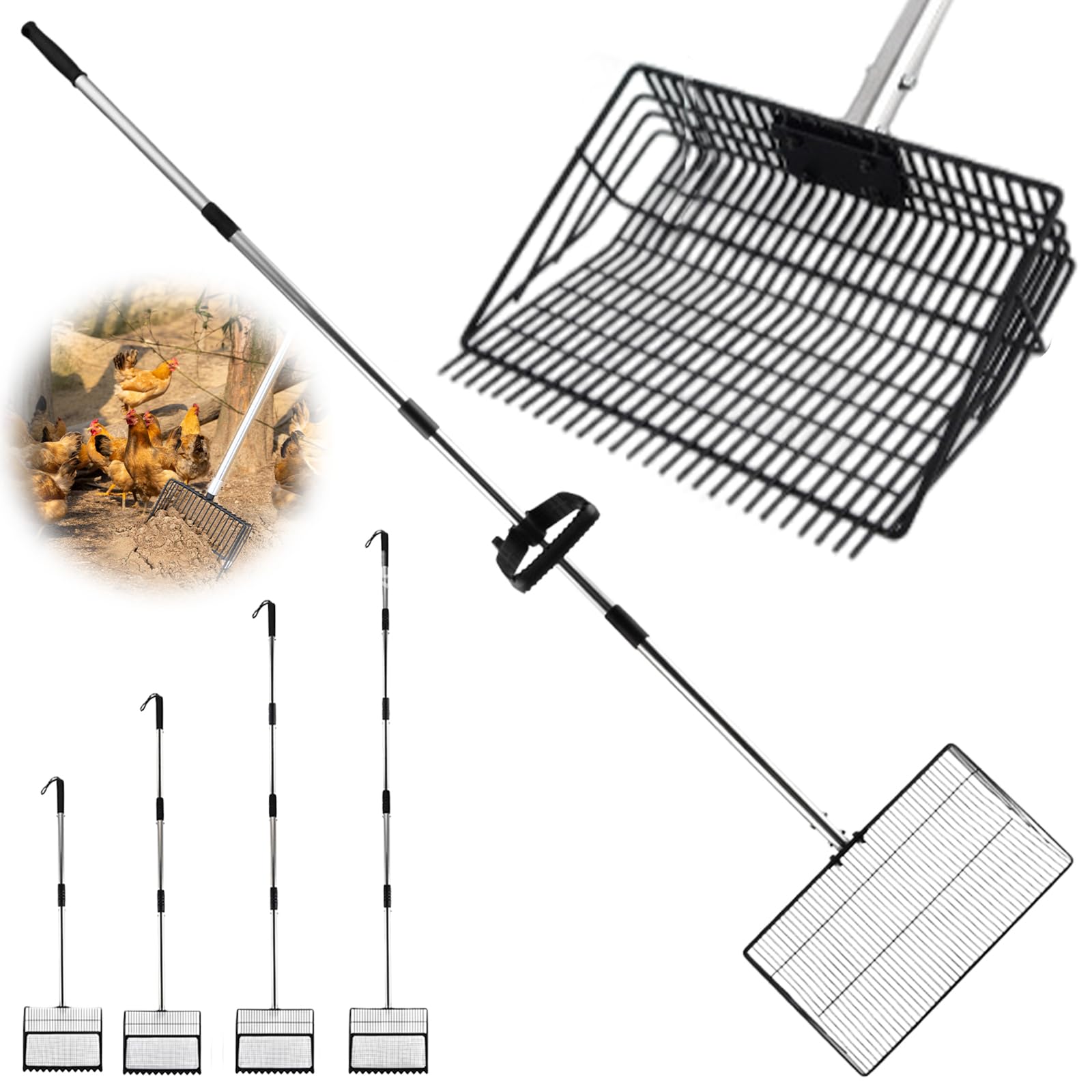 38 cm Grande Pala per Letame di Pollo con Manico da 170 cm, Accessorio Regolabile per Pollaio 98-178 cm, Pala Setacciante Regolabile, Strumento di Pulizia per Polli per la Pulizia e il Filtraggio nel