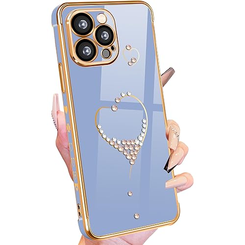 Petitian for iPhone 13 Pro Max Case, Cute Women Girls Bling Glitter Designed Heart Cases for iPhone 13 Pro Max, Girly Gold Plating Cover for 13 Promax with Camera Protector Grey Blue
