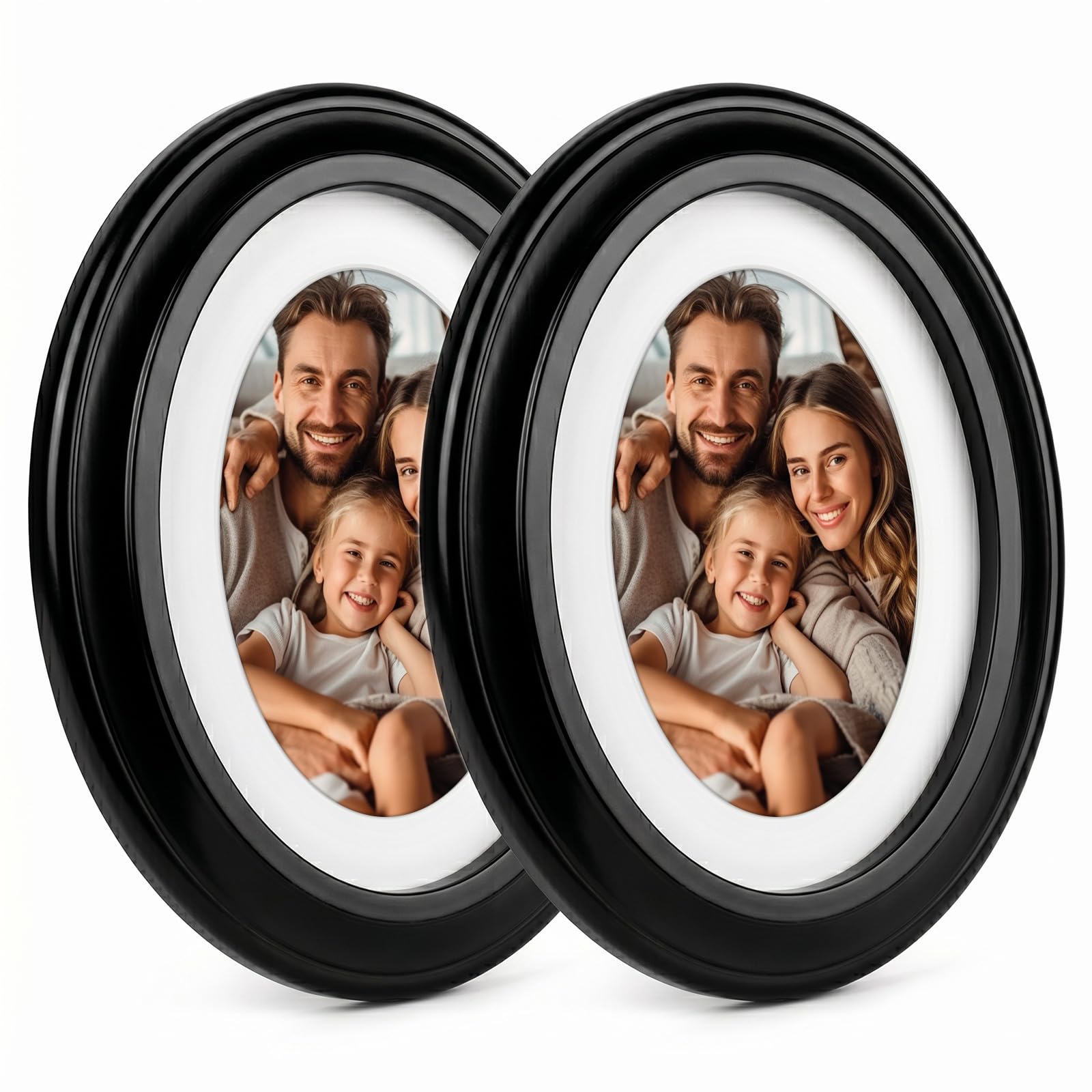 2 Pack Oval Picture Frames 5x7 Inch - Wall Hanging Photo Frames with White Mount - Classic Elliptical Portrait Frames for Gallery Wall, Family Photos, Artwork & Home Decor (Black)