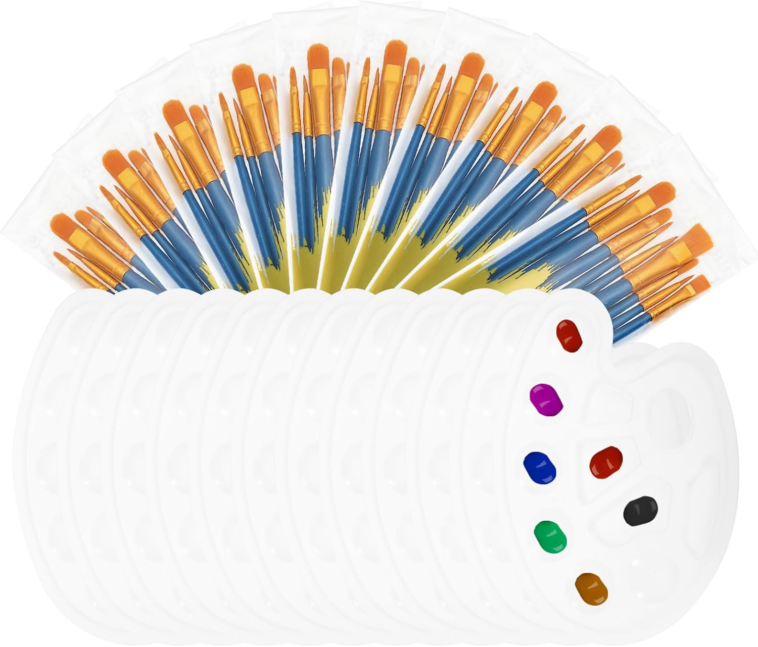 PATIKIL 132Pcs Paint Brush Palette Set, 120Pcs Nylon Hair Paint Brushes and 12Pcs Round Paint Tray Palette for Adults Acrylic Canvas and Art Paint Party Supplies, Blue