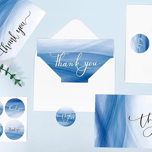 Miniatura 4 de Whaline 24 juegos de tarjetas de agradecimiento, tarjetas de felicitación de acuarela azul a granel con sobres y calcomanías, tarjetas modernas