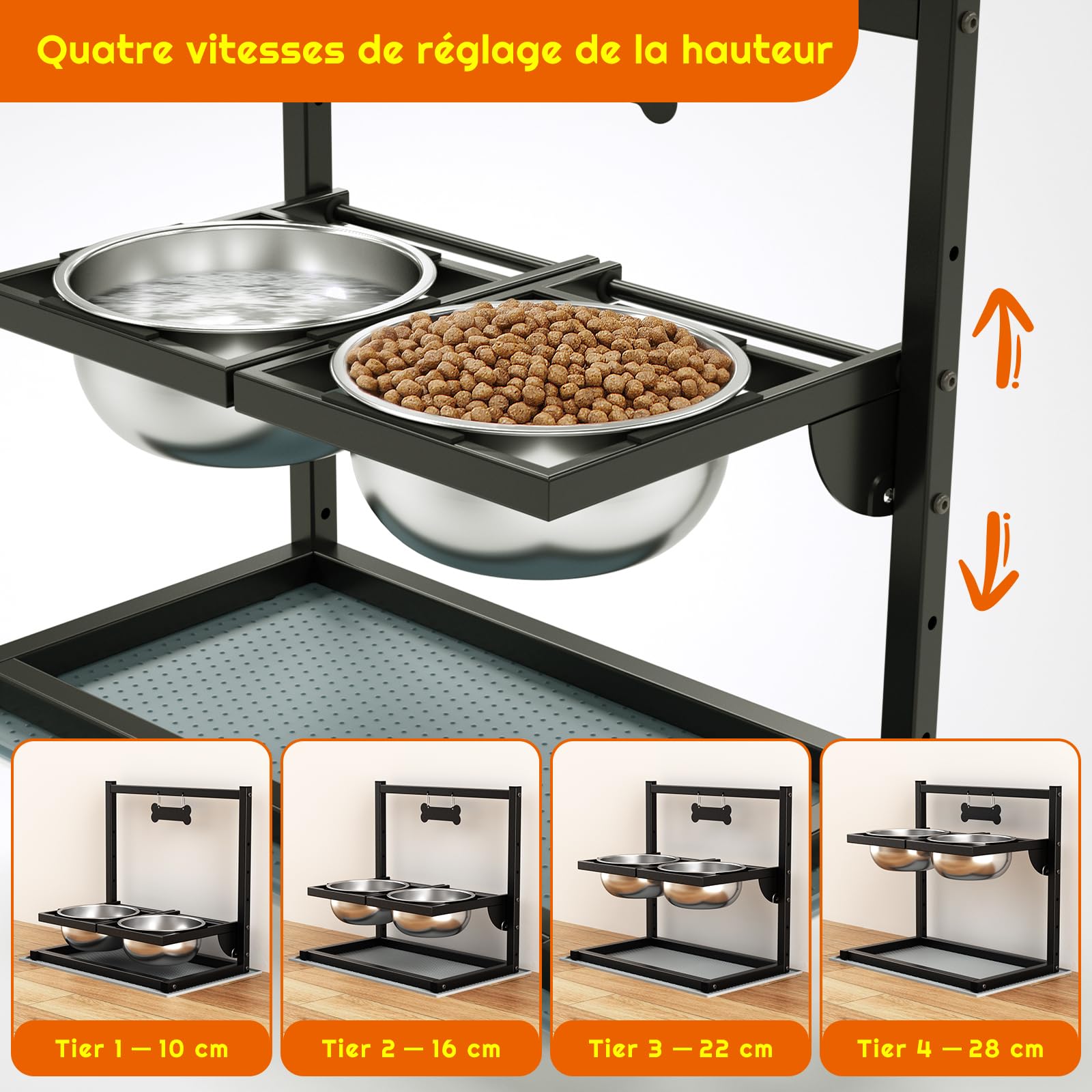 Gamelles surélevées pour chien avec 4 hauteurs réglables et inclinaison de 10 °, 2 gamelles en acier inoxydable (1,5 l x 2) et tapis anti-fuite, support de gamelle surélevé pour chiens de petite,