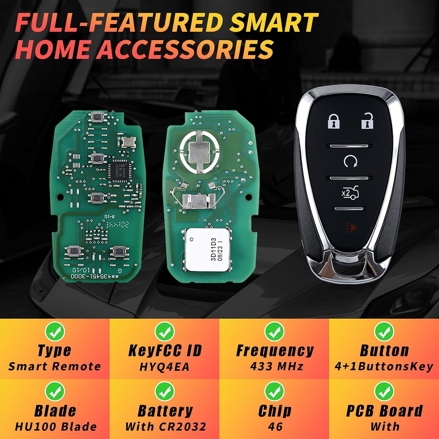 Fit for Chevy Malibu Camaro Cruze 2023 Smart Key Fob 433MHz 46 Chip 4+1 Buttons Keyless Entry Remote FCC ID: HYQ4ES