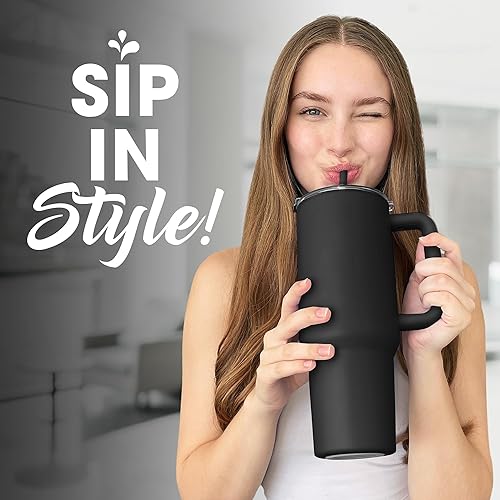 Miniatura 6 de osse Vaso de 40 onzas con asa y tapa con pajilla, botella de agua aislada al vacío de doble pared, reutilizable, de acero inoxidable, taza de viaje,