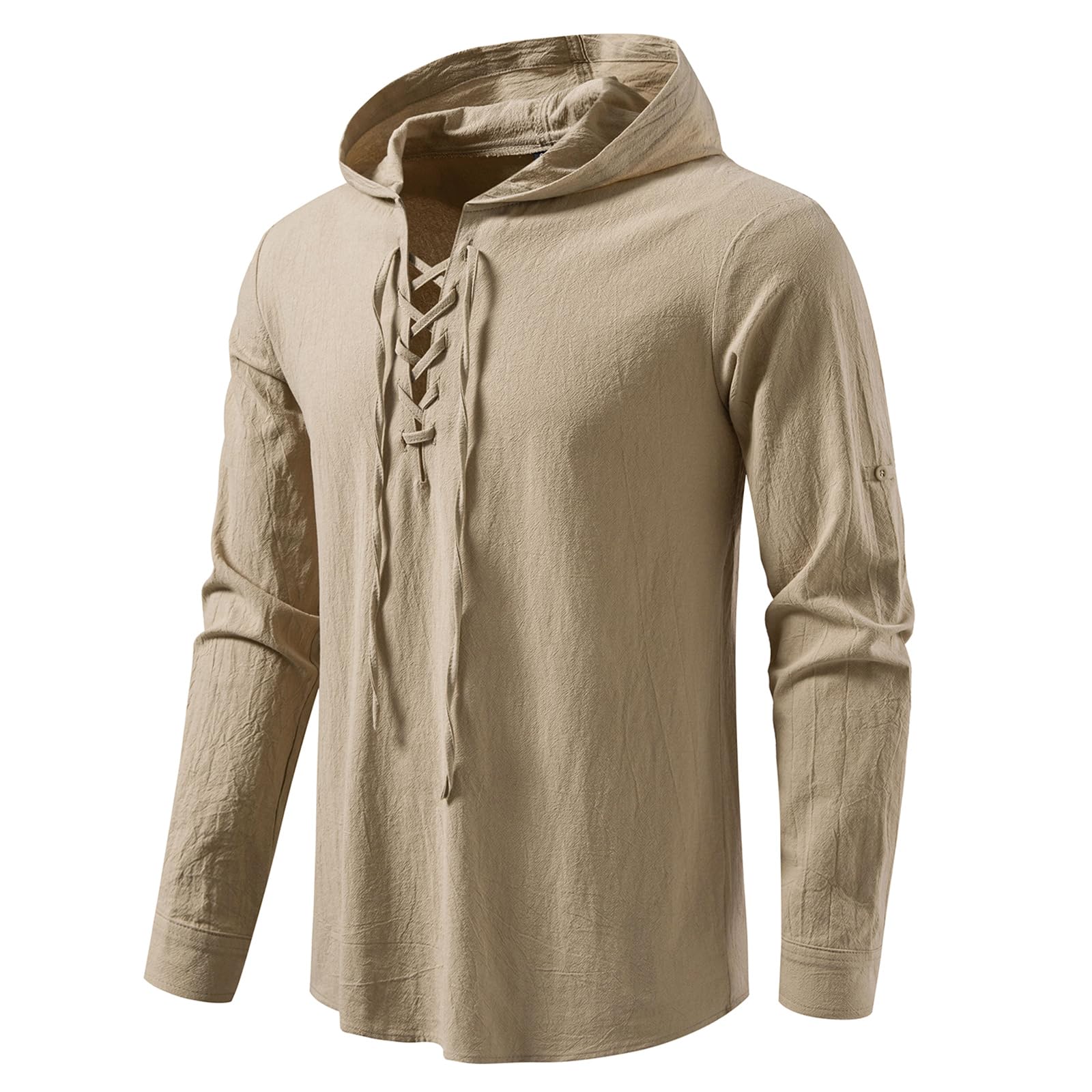 MakingDa Lace Up Hooded Shirt Men Medieval Viking Tunic Costume Cotton Pirate LARP Tops Loose Fit Long Sleeve Steampunk Renaissance Victorian-Khaki-S