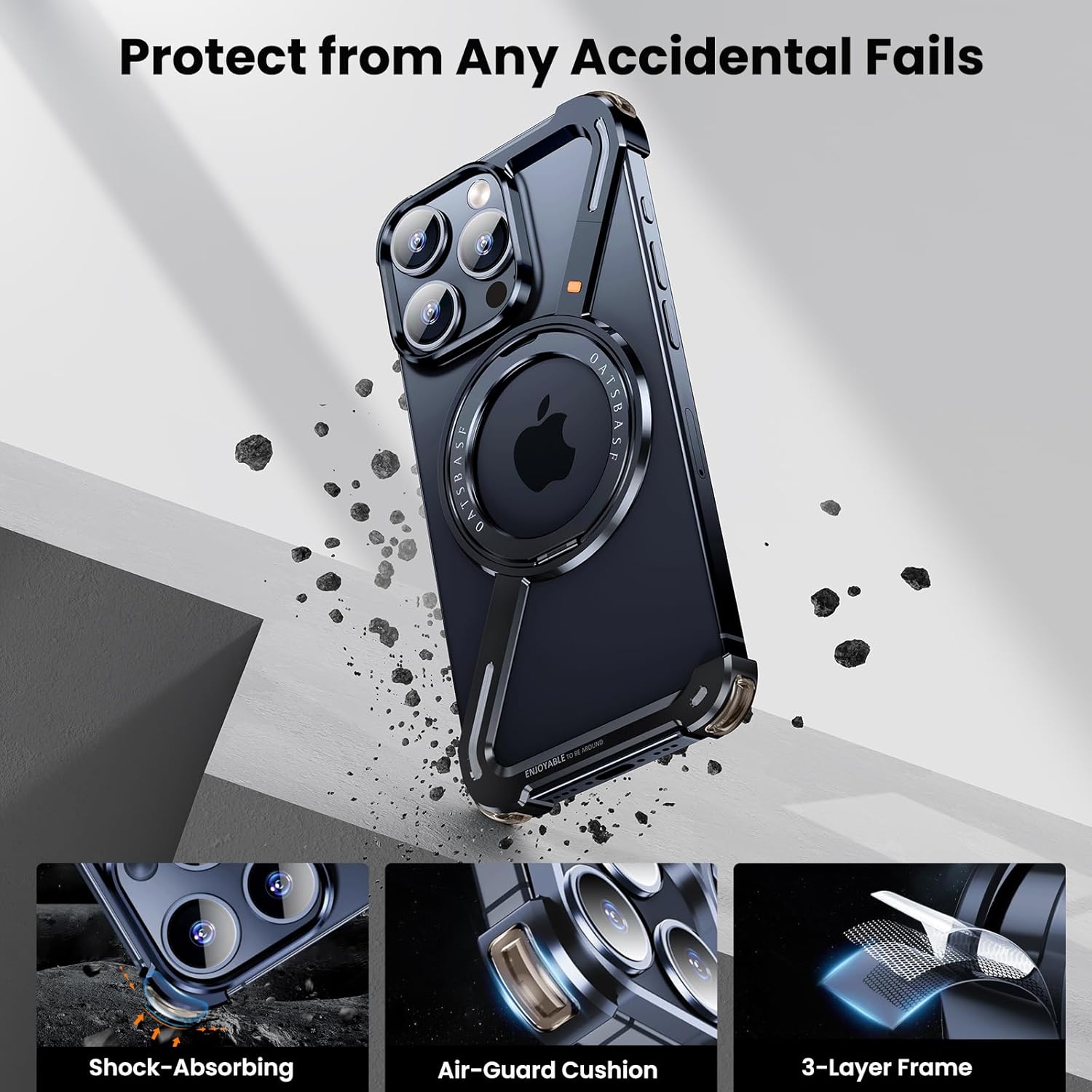 OATSBASF Minimalist Phone Case Compatible with iPhone 12 Pro Max 6.7", 360° Rotation Kickstand Aluminum Metal Frameless Design Bumper Z Case, Protective Shock Grade Shell, Blue