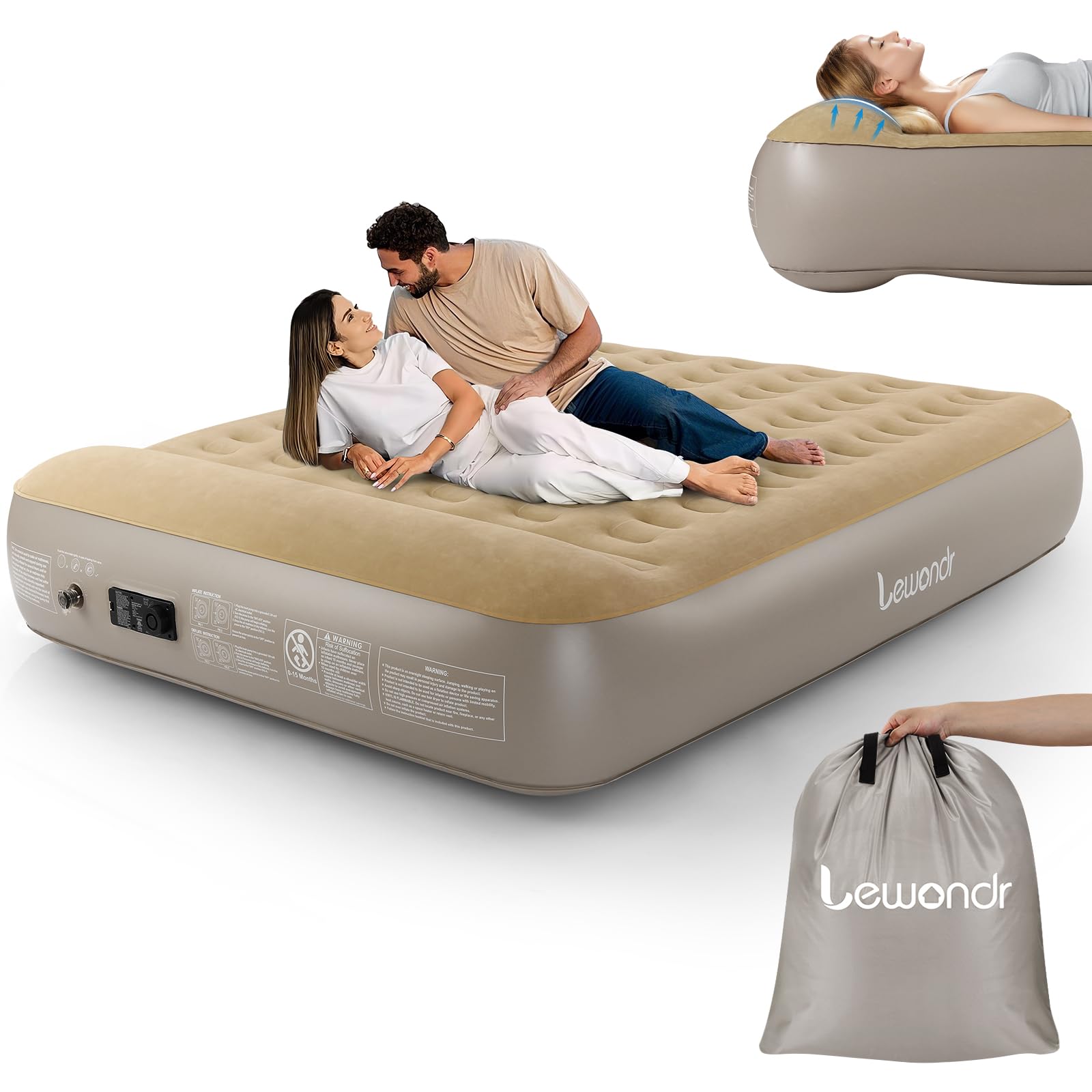 Lewondr Materasso Gonfiabile Matrimoniale con Pompa Integrata, 203x152x33CM Materasso Gonfiabile Durevole con Cuscino, Materasso ad Aria Veloce da 3 Minuti per Campeggio Casa Viaggio(250kg MAX), Cachi