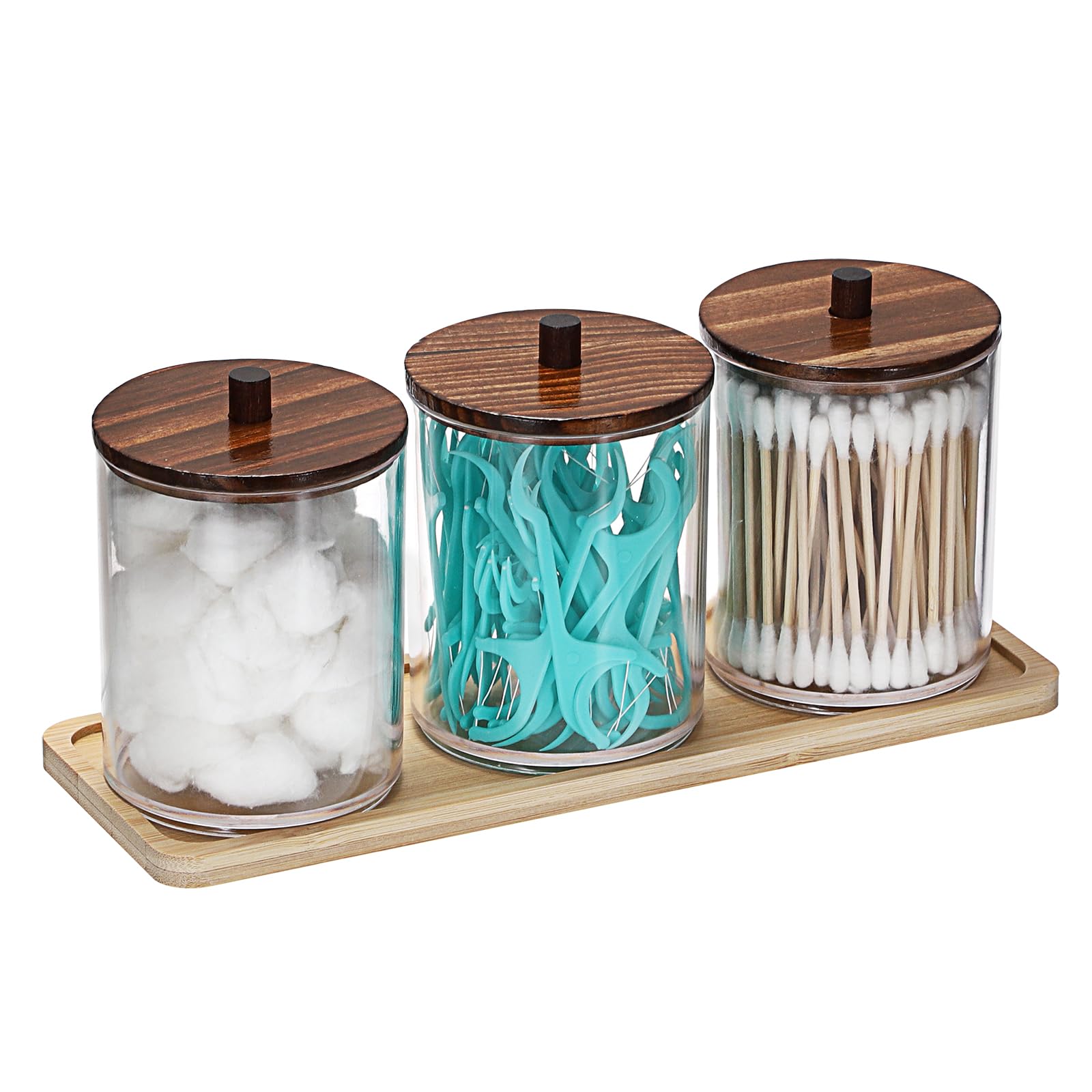 GUSHBIN 3 Pcs Clear Acrylic Qtip Holder with Brown Wood Lid Bathroom Accessories Storage Box with Tray for Cotton Swab Candy Jar Qtip Dispenser for Bathroom Living Room Office