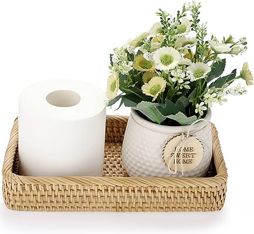 Miniatura 8 de Sumnacon Bandeja decorativa de mimbre para tocador de baño de 16 pulgadas, bandeja decorativa de mimbre para toalla de mano de papel, cesta de