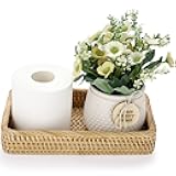 Sumnacon 10 Inch Rattan Bathroom Vanity Tray - Decorative Wicker Toilet Tank Tray for Paper Hand Towel, Vintage Storage Basket Bin for Bathroom Kitchen Toilet Tank Vanity Countertop Table Shelf