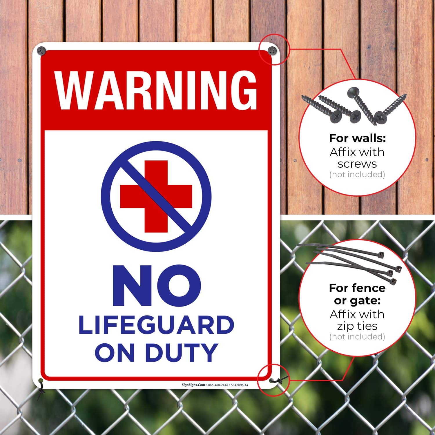 SIGO SIGNS Schild 'No Lifeguard On Duty' – Aluminium, 10 X 14 Cm, UV-Druck, Wetterfest | Einfache Montage, Hergestellt In USA