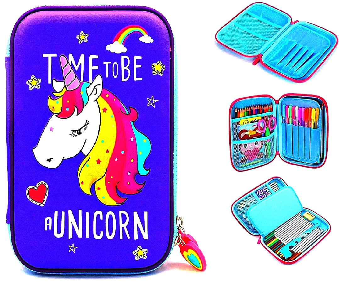 FAMOUS QUALITY Ethylene Vinyl Acetate (Eva) Premium Stylish Unicorn Owl Print Large Capacity Hardtop Eva Pencil Case Organizer School Kids Girls Women Pen Holder Pouch Multipurpose (Purple)