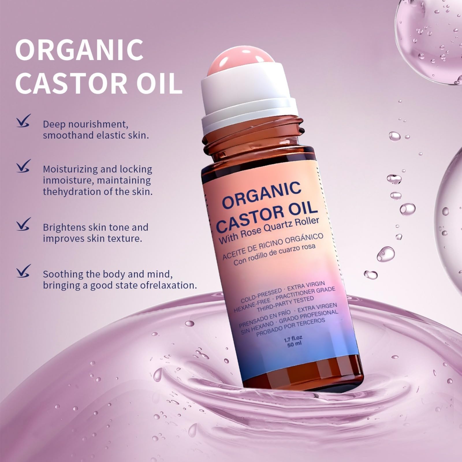 Organic Castor Oil Roll-On, Rose Quartz Roller, Cold Pressed, 50 ml