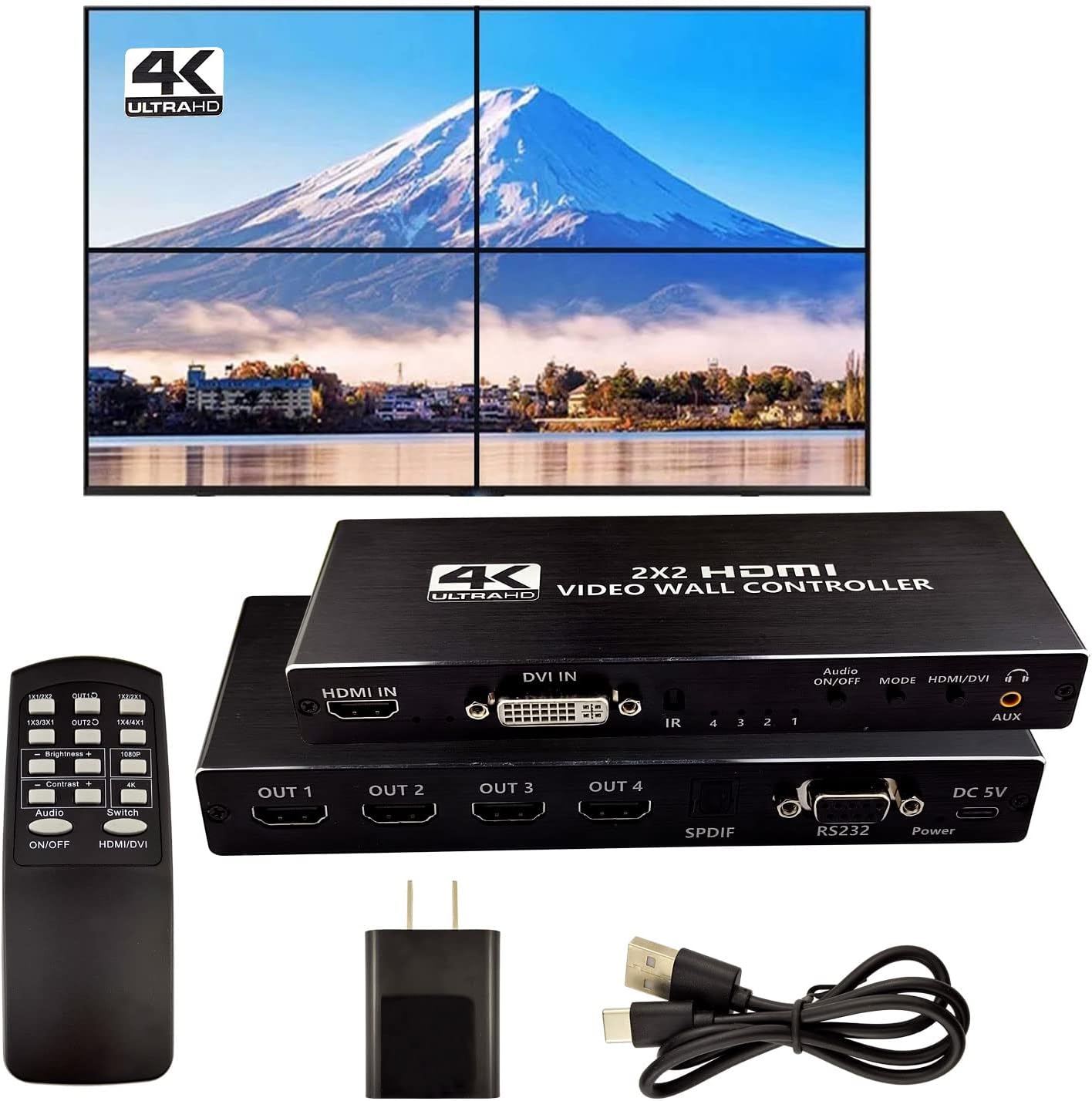 Video Wall Controller, 4K x 2K HD Seamless Splicing Professional Processor with HDMI+DVI+RS232 Input, 4 Way HDMI & SPDIF Output 180 Degree Rotate TV Wall Display 2x2, 1x2, 1x3, 1x4, 2x1, 3x1, 4x1