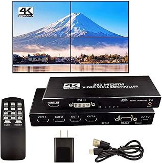 Video Wall Controller, 4K x 2K HD Seamless Splicing Professional Processor with HDMI+DVI+RS232 Input, 4 Way HDMI & SPDIF Output 180 Degree Rotate TV Wall Display 2x2, 1x2, 1x3, 1x4, 2x1, 3x1, 4x1