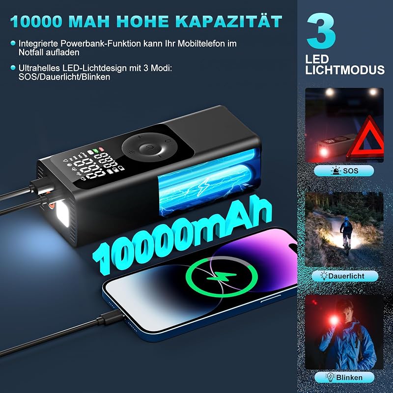 Feolaviy Elektromos Kompresszor 150 PSI - Akkumulátoros Pumpa 10000 mAh, Digitális LCD Kijelzővel, LED Lámpával, Autó/Kerékpár/Labda Felfújá
