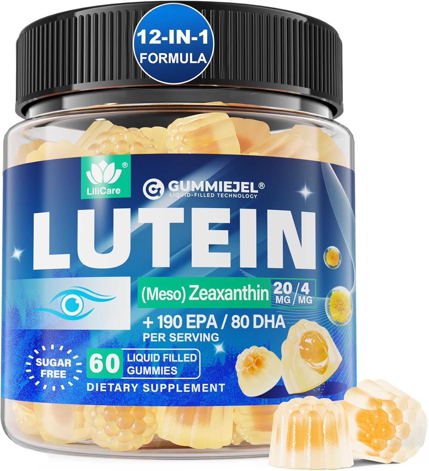 Lutein 20mg 40mg and Zeaxanthin Supplements for Eyes, Lutein Gummies with Omega 3, Saffron, Zinc, Bilberry & Goji Berry for Vision Support – Eye Vitamins Gummies for Seniors – Vegan, Sugar Free, 60ct