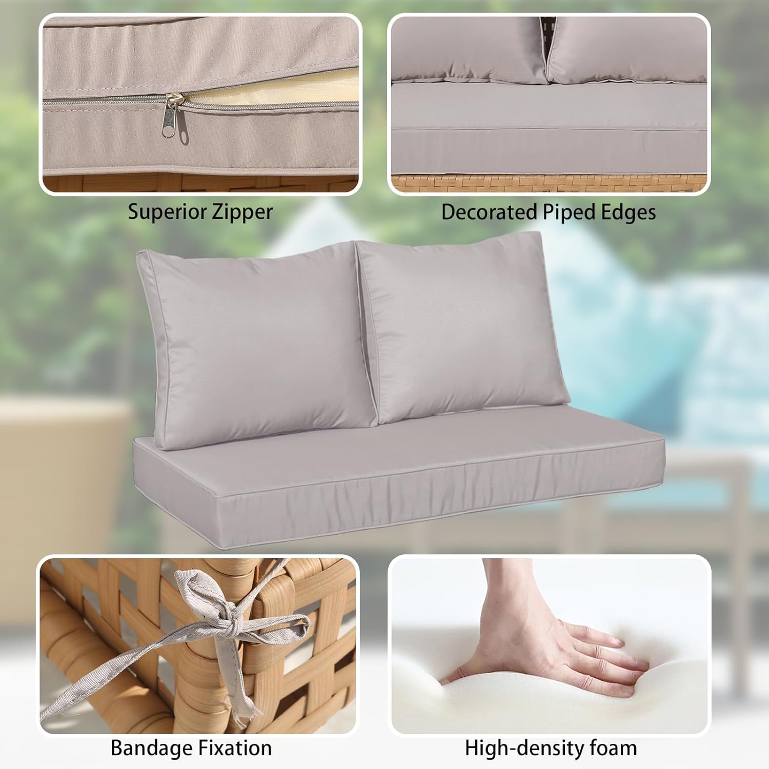 3Pcs Outdoor Loveseat Cushion 46x26x5 Waterproof All-Weather Replacement Seat and Backrest Cushions for Patio Swing Bench Chair Deep Seating Furniture