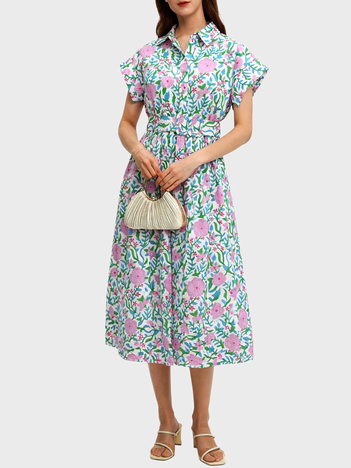 Women Summer Dresses 2025 Casual Wing Short Sleeve Button Down Midi Dress Floral Long Dress with Pocket