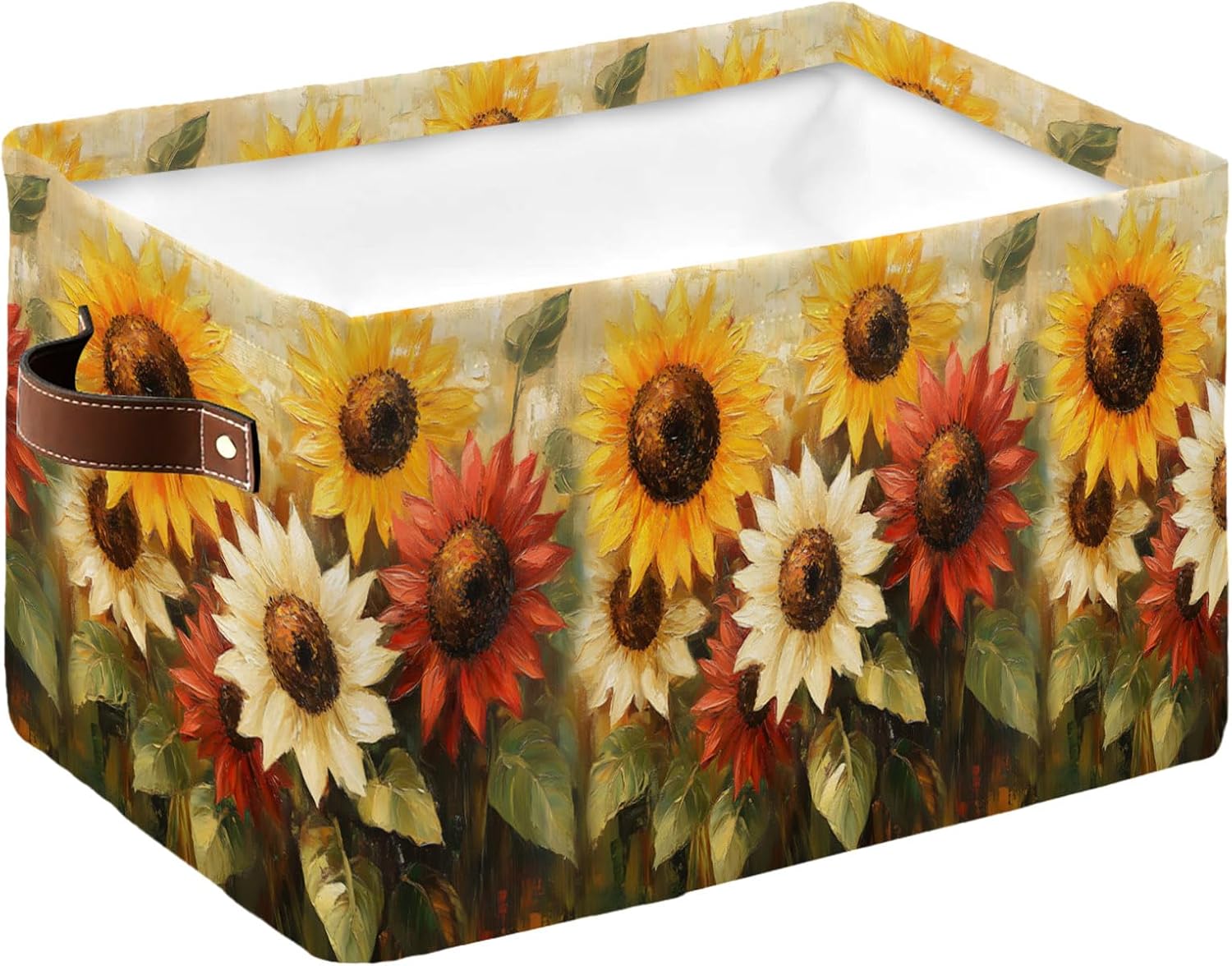Storage Basket for Shelves 1 Pack Abstract Red Yellow Sunflower Floral Decorative Storage Bin with Handles Oil Painting Closet Organizer for Bedroom Bathroom Nursery Laundry Room